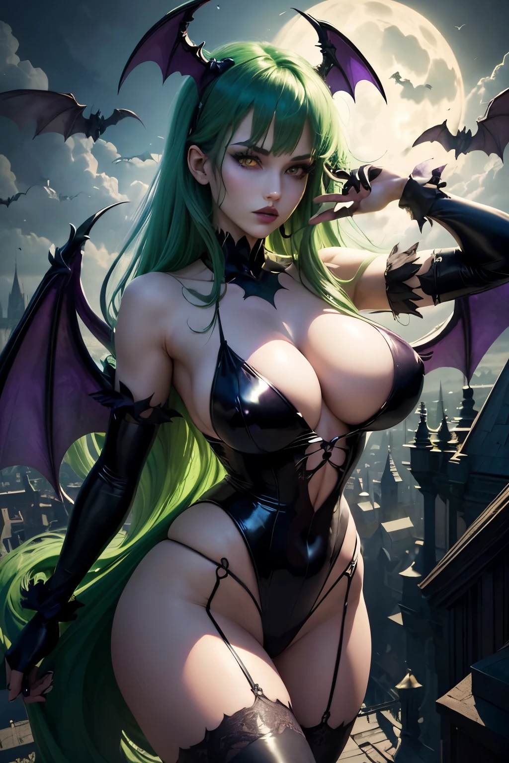 ((Morrigan aensland from darstalkers series))(she has big glowing green eyes)(bright red lips) (long straight green hair)(dark eyeshadows make up)((very huge breasts)) (perfect slim body) (wears black leotard, purple gloves, long purple stocking with bat print, black high heels) (big bat like wings on back and head)(posing sexy on castle rooftop)(full moon and clouds has backgroud) (high definition, volumetric lights and dinamic shadows)((masterpiece))(8k)(perfect face)(ultra details) (perfect hands, eyes, and face) (bats flying around)