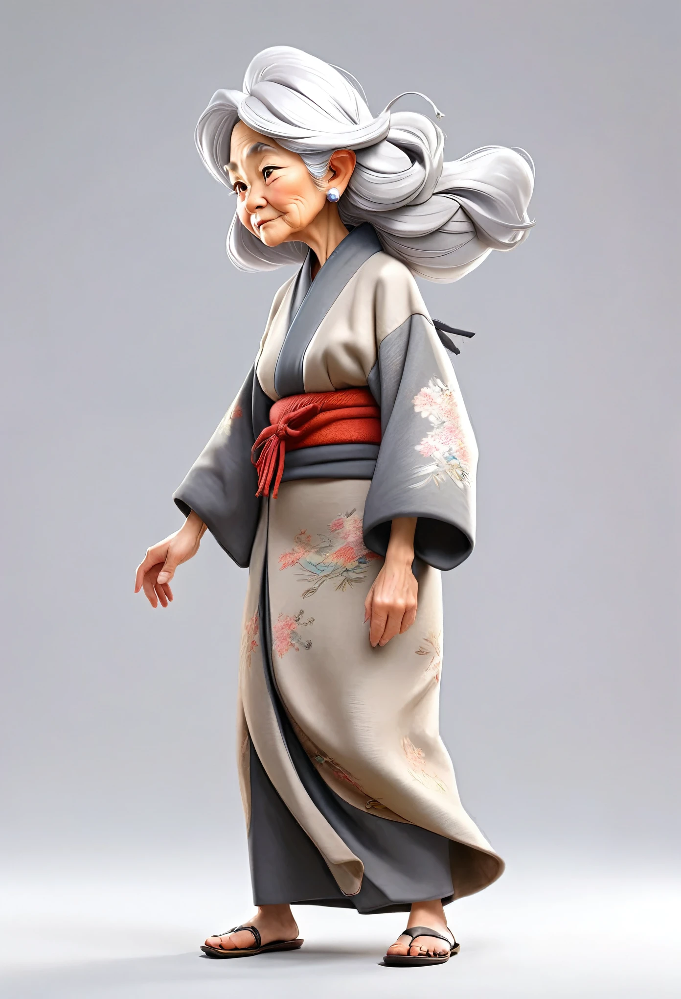 old woman, standing, side view, front view, semi long, silver hair, senior citizen, japanese, white background, full body shot, front view, side view
