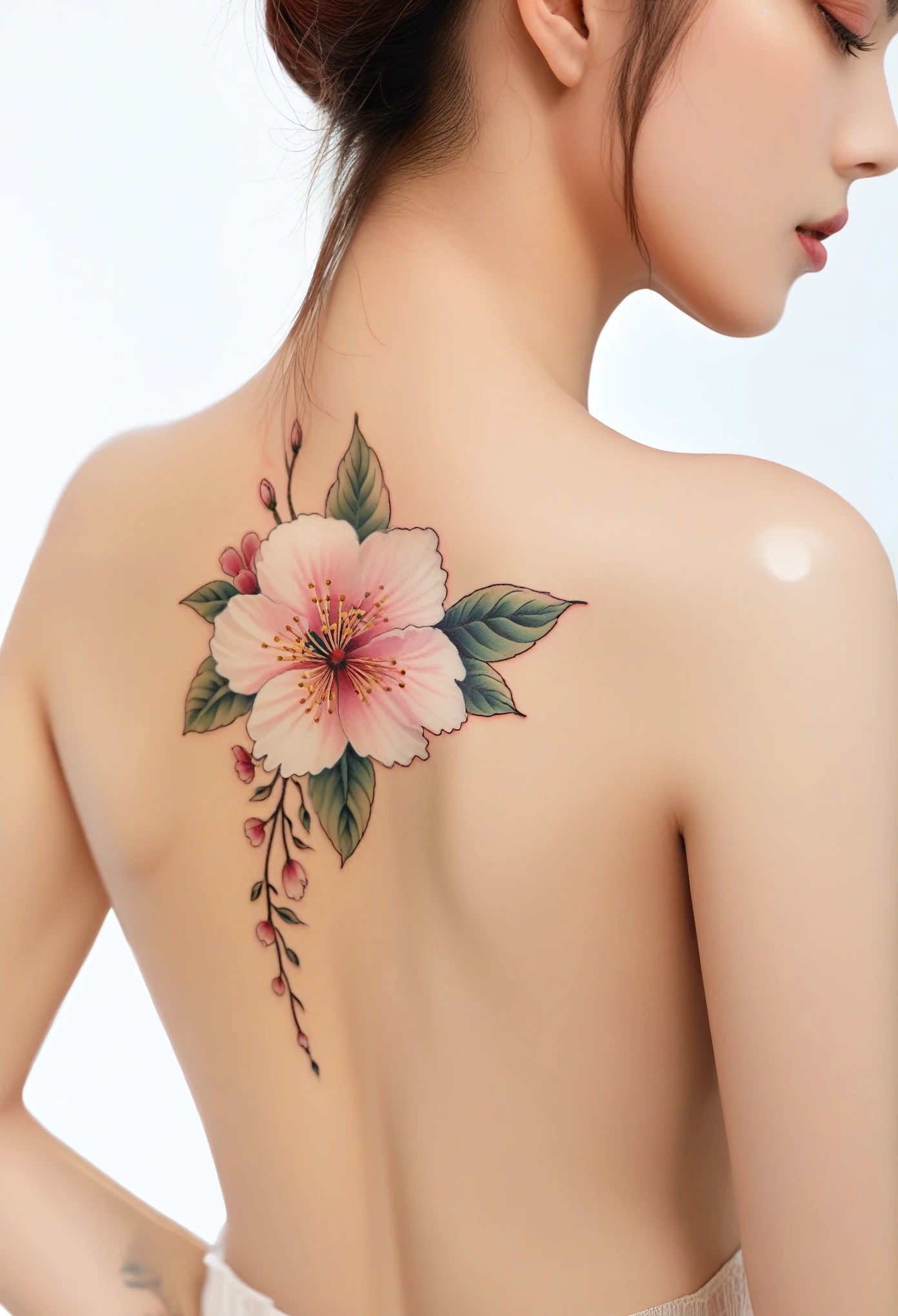 (full upper body:2.5),(white background:1.8),(from behind:1.4),masterpiece,8k,best quality,a woman with a flower tattoo on her shoulder,floral tattoos,upper upper body,ornate flower design,stylized geometric flowers,tattoo on shoulder,shoulder tattoo,oriental tattoos,tattoo art,nature illustration tattoo,detailed flowers,tattoo style,line drawing tattoos,temporary tattoo,tatto,detailed realistic beautiful,cherry blossom background,with colored flowers,traditional tattoo,of taiwanese girl with tattoos,smooth skin,film grain,