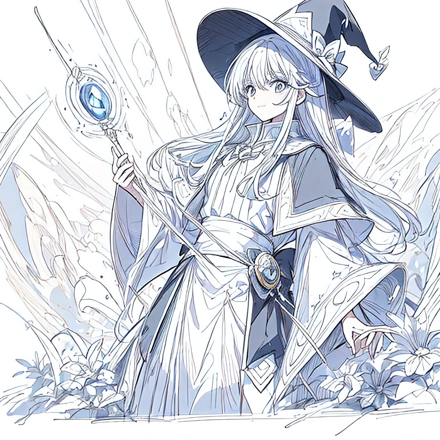 Line art background, background, Monochrome, Line art, ((sketch)),Highest quality,masterpiece,monochrome,Lineart,single color,Create a detailed coloring page,Wizard,,A powerful wizard casting a spell,A wizard wearing a wizard's hat,Witch Hat