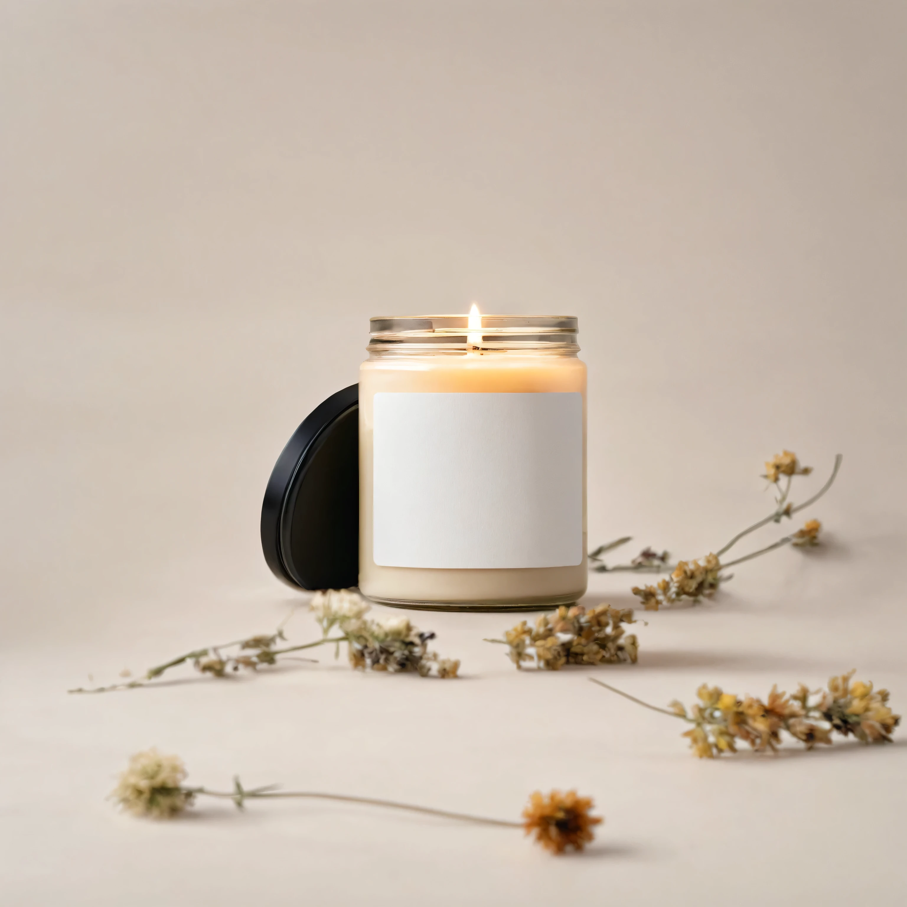 Mockup empty, a blank beige candle in a jar with white label and black lid standing on a white plain surface, surrounded with abstract dried flowers composition, professional mockup photography, plenty dried flowers in background lots of dried flowers