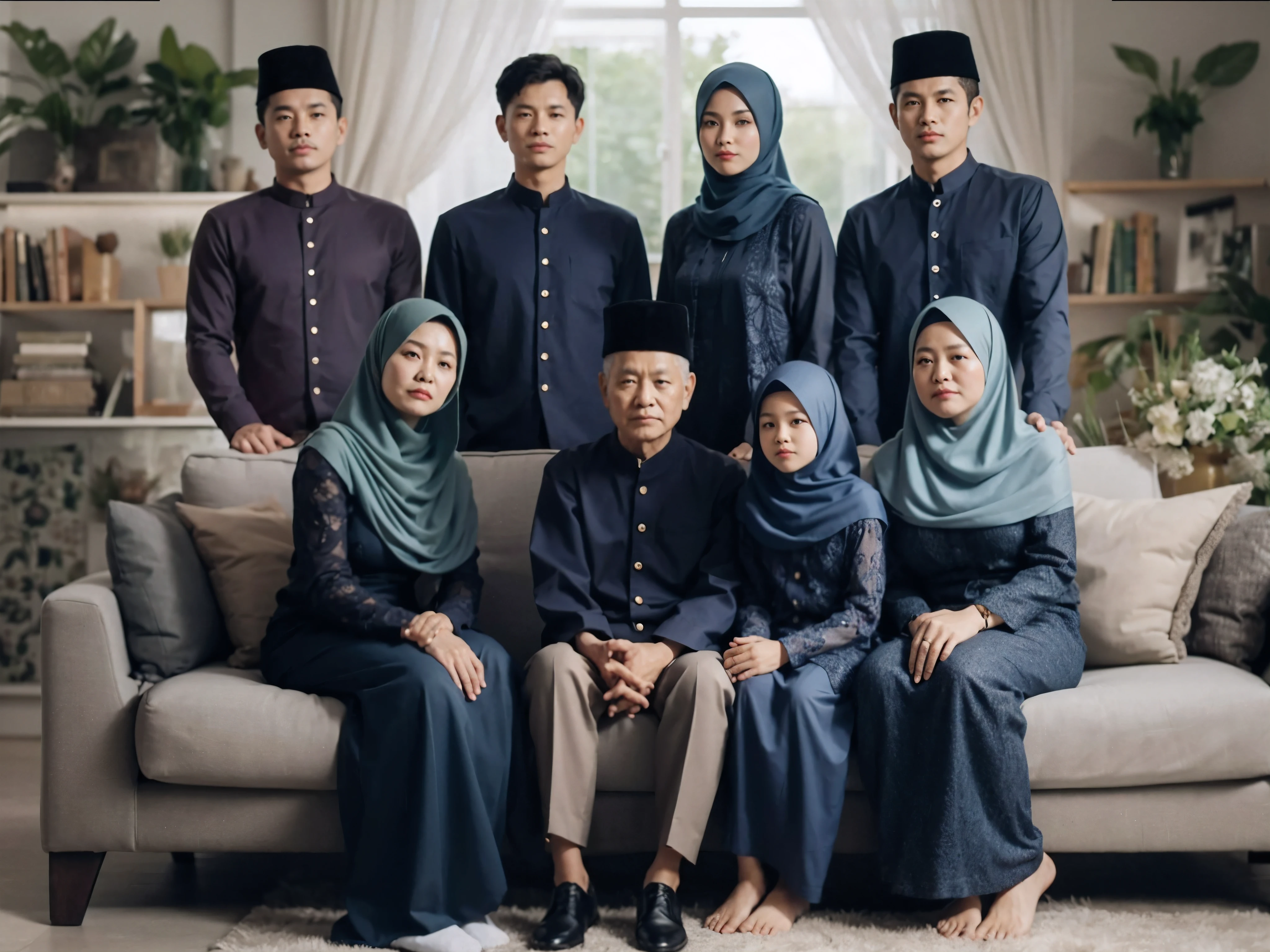 Family photo in Indonesia, eight members, grandparents aged 60 sitting on the sofa with one 9-year-old daughter, three men and two women standing behind the sofa, all wearing coordinated semi-formal navy collared shirts and matching sharia robes, all wearing hijabs, looking luxurious, realistic photo, living room background, daylight, green flower vase, detailed, best photography, UHD, 32k 