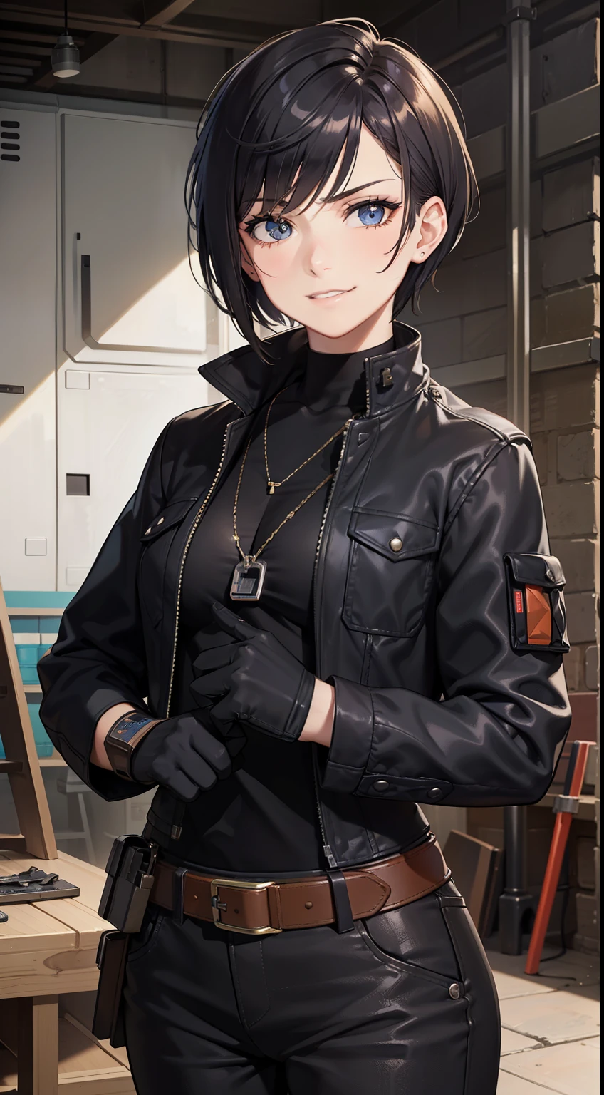 (high-quality, breathtaking),(expressive eyes, perfect face) Symmetrical Eyes, portrait, Star Wars Universe, 1girl, female, adult, mechanic, punk jacket, shirt, short sleeved, gloves, pants, belt, wrench, crystals, messy hair, black hair color, brown eye color, short hair length, stylized hairstyle, pixie haircut, tall, technician outfit, engineer, workshop background, work bench, tools, mature, narrow eyes, dog tag necklaces, slight smirk
