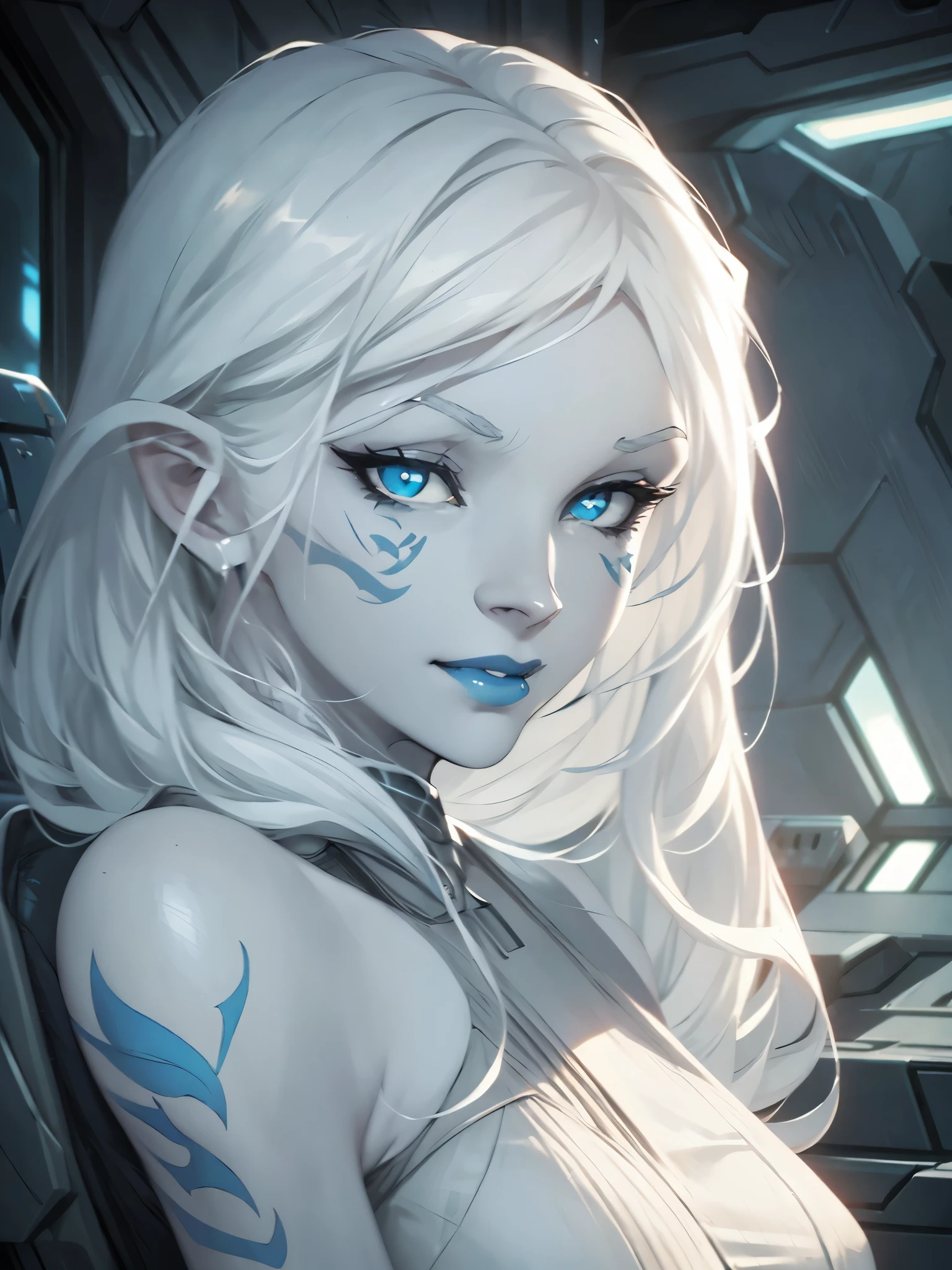 jarael, pale white skin, long white hair, ((blue lips)), medium breasts, cute smile, beautiful eyes, cheek tattoos, on a spaceship, star wars