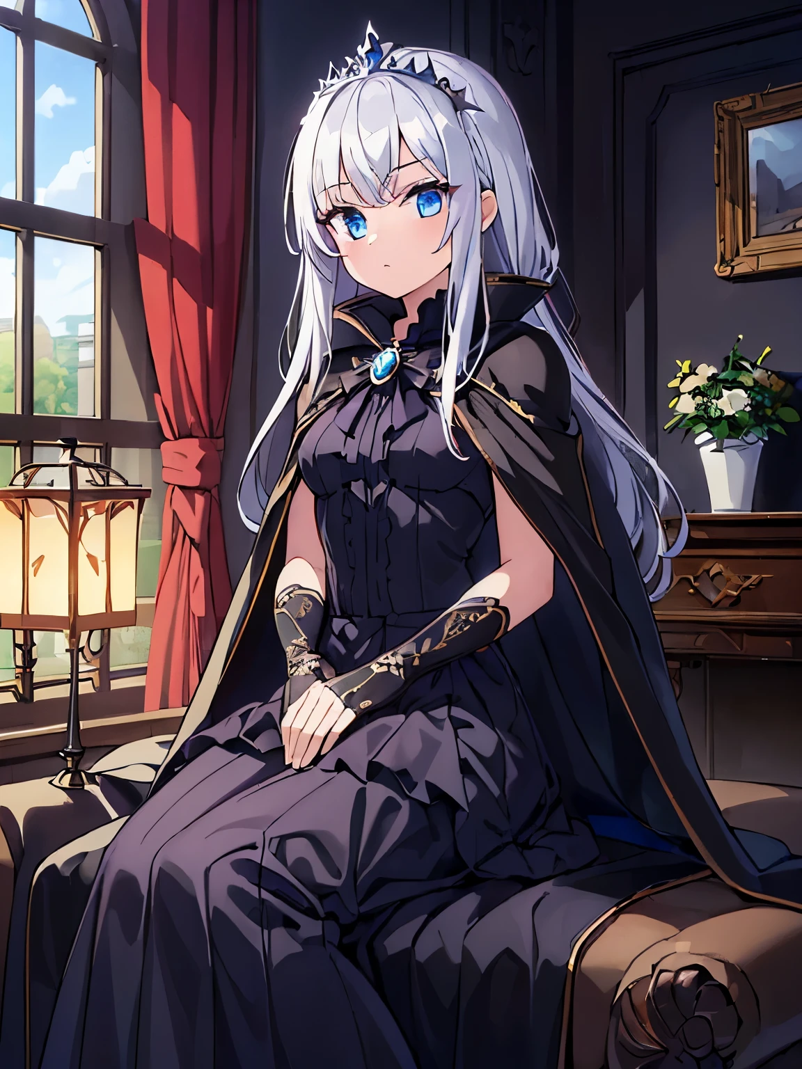 (masterpiece:1.4), (highest quality:1.4), (ultra_high_detaile:1.4), (beautiful:1.4), (beautiful detailed girl:1.4), ((solo)), ((1girl)), ((slim body)), ((small_breasts)), (silver hair), (swept bangs:1.4), (long hair), (blue eye), ((blue brooch)), ((tiara)), BREAK (dark purple ballgown dress), (longskirt:1.4), BREAK (black cape:1.4), (longcape:1.4), ((elbow_gloves)), ((brown boots)), living room, sit on the sofa,