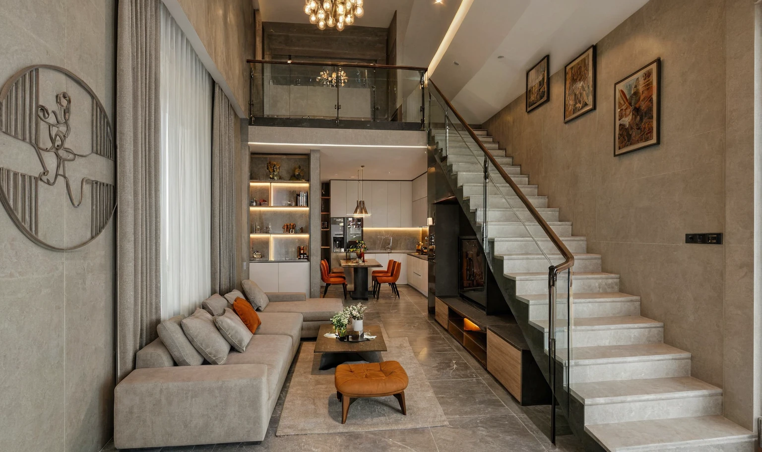 Raw photo,Masterpiece, high quality, best quality, authentic, super detail,
interior, indoors, livingroom style modern, Flat staircase with glass railing, Modern fabric sofa, Behind is the kitchen area, stone floor, Stair TV cabinet, Modern, luxurious
, (daylight:1.1), vivid colour, (realistic:1.2),