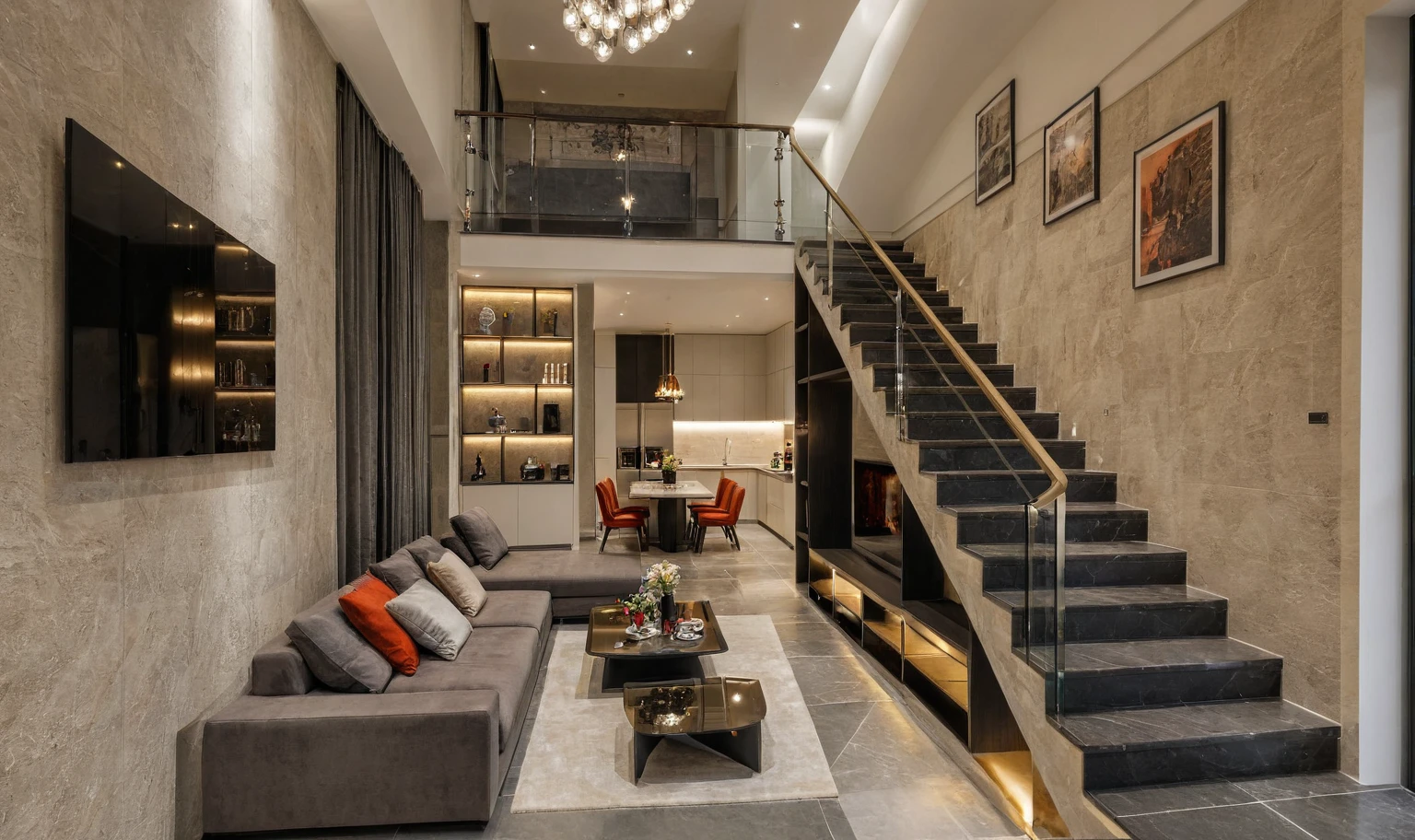Raw photo,Masterpiece, high quality, best quality, authentic, super detail,
interior, indoors, livingroom style modern, Flat staircase with glass railing, Modern fabric sofa, Behind is the kitchen area, stone floor, Stair TV cabinet, Modern, luxurious
, (daylight:1.1), vivid colour, (realistic:1.2),