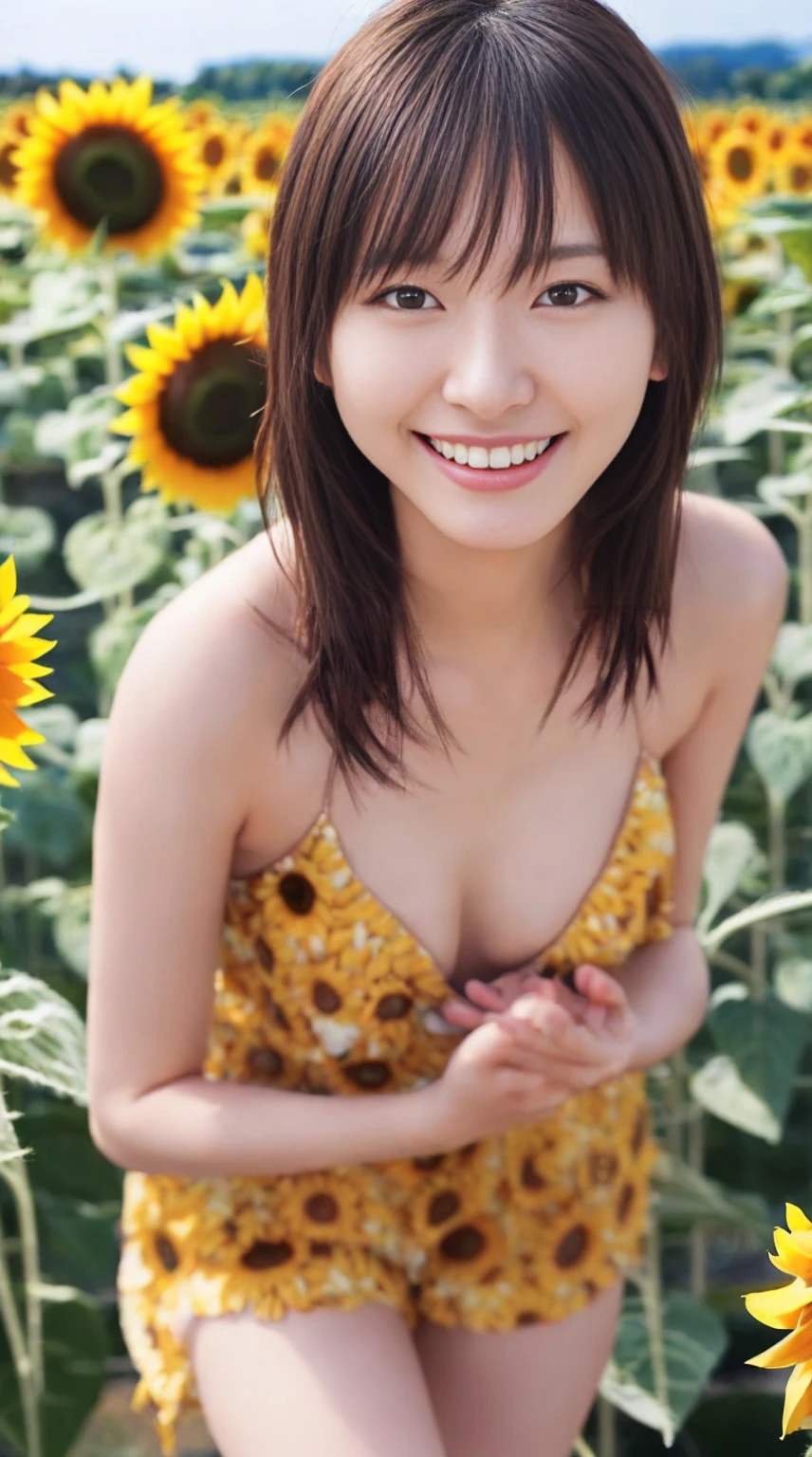 最high quality、high quality、Best image quality、8k,topless:2.0,Nipples are visible:2.0,One Smile、slim:1.8,最High resolution、High resolution、最high quality、masterpiece、RAW Photos、whole body写真、Detailed and realistic human body、Detailed and realistic skin、Realistic face in every detail、Detailed and realistic eyes、Detailed and realistic lips、Detailed and realistic teeth、Detailed and realistic ears、Detailed and realistic hair、Realistic reproduction of every detail、Realistic fingers in every detail、(Beautiful Hands、thumb１reference４)、Realistic feet down to the last detail、((Beautiful Japanese Women))、(Japanese Model)、((21 year old beautiful woman))、(Black Hair)、(Straight hair)、((whole body))、(Slim and perfect figure)、(whole body光沢肌、Fair skin)、Detailed and realistic human body、Detailed and realistic skin、Realistic face in every detail、Realistic fingers in every detail、Detailed realistic feet、Soft natural light、360 degree sunflower field、((standing in the middle of a field of sunflowers(A girl surrounded by sunflowers 360 degrees))、Poses to make your thighs look beautiful