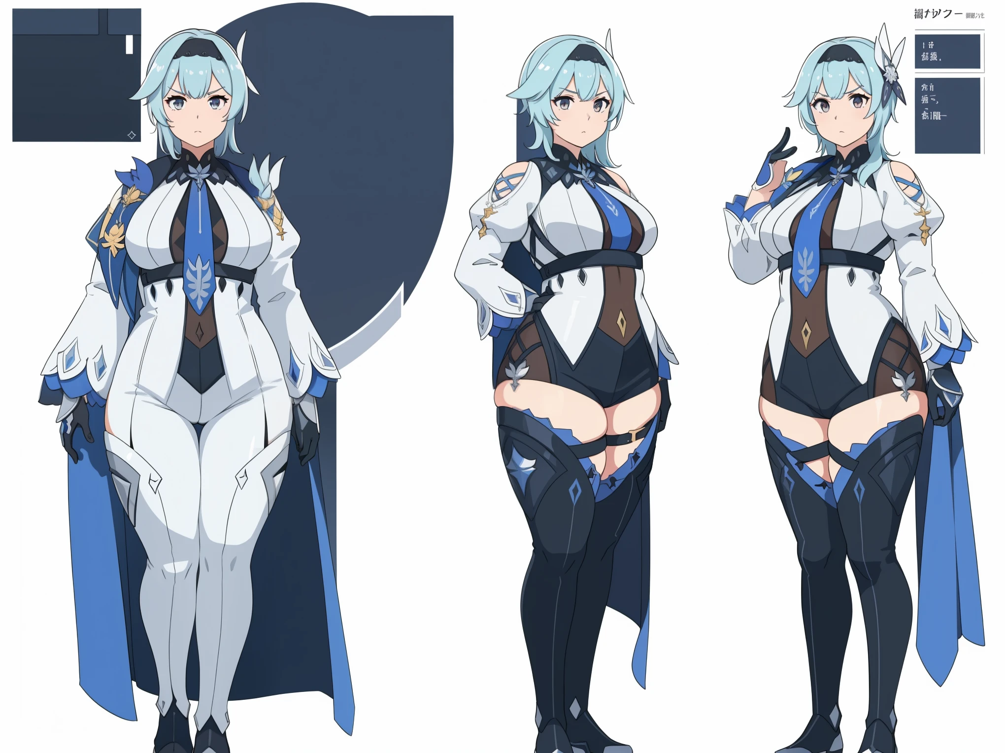 eula, white clothing, ((masterpiece)), (((best quality))), (character design sheet, same character full body, front, side, back), Illustration, 1 girl, environment change, pose (simple background, white background: 1.3) ,--6