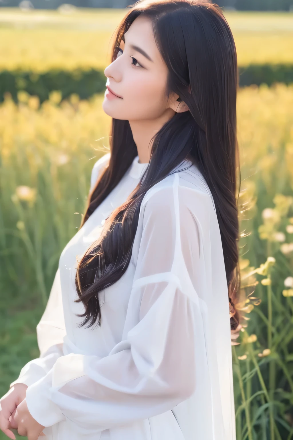 mother、clear、Elegant、Long Black Hair、Thin face、profile、Fair skin、Long sleeve dress、ennui、Light purple flower field、light rain