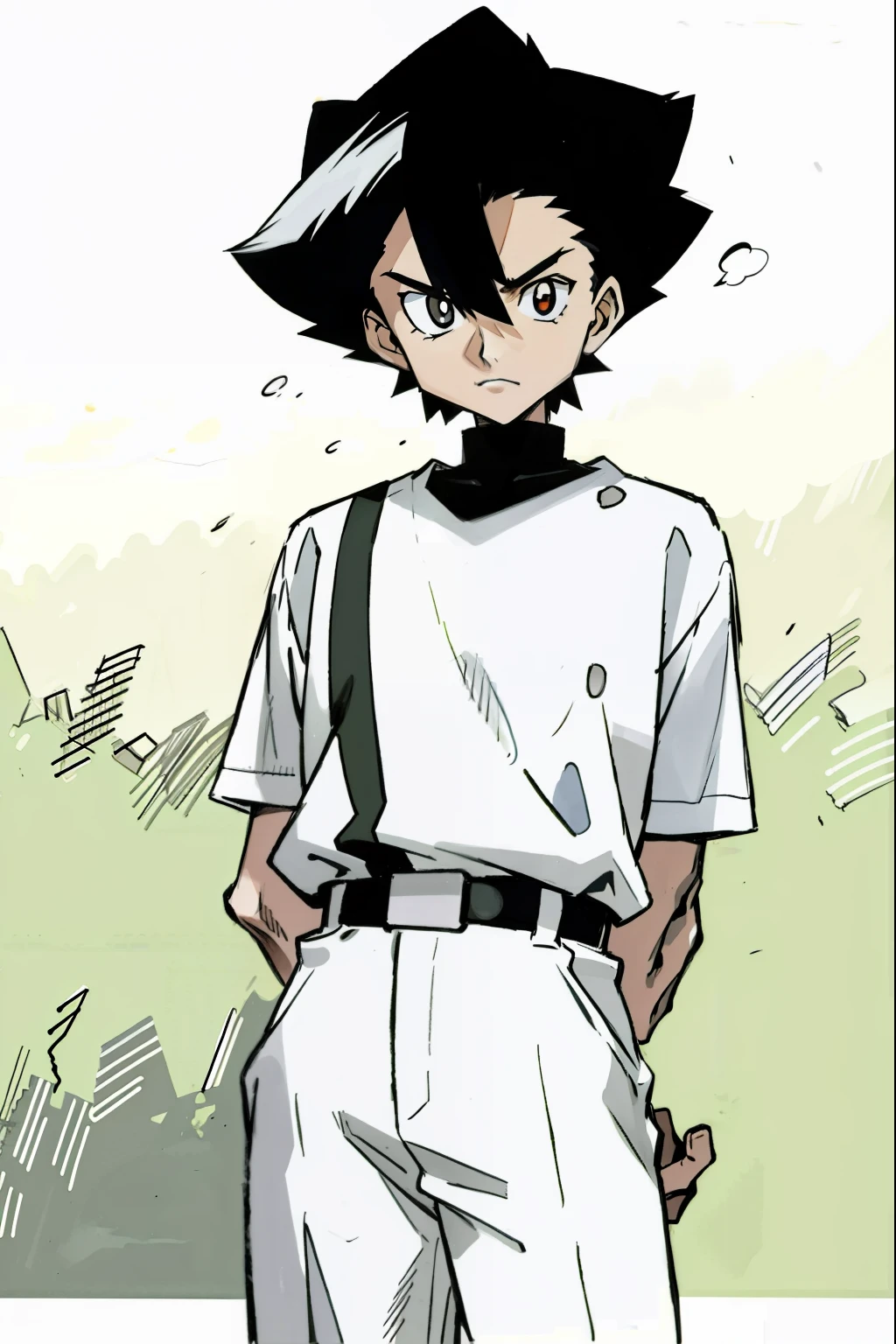 by Ken Sugimori, sugimori 1990s, ((only 1man)), black and white uniform, sports referee ((hands behind their back)), full black pupils, manga, best quality, highly detailed, clean lines, cowboy shot, good hands, good eyes, hd, 8k, professional, symmetrical, hires, 8k,