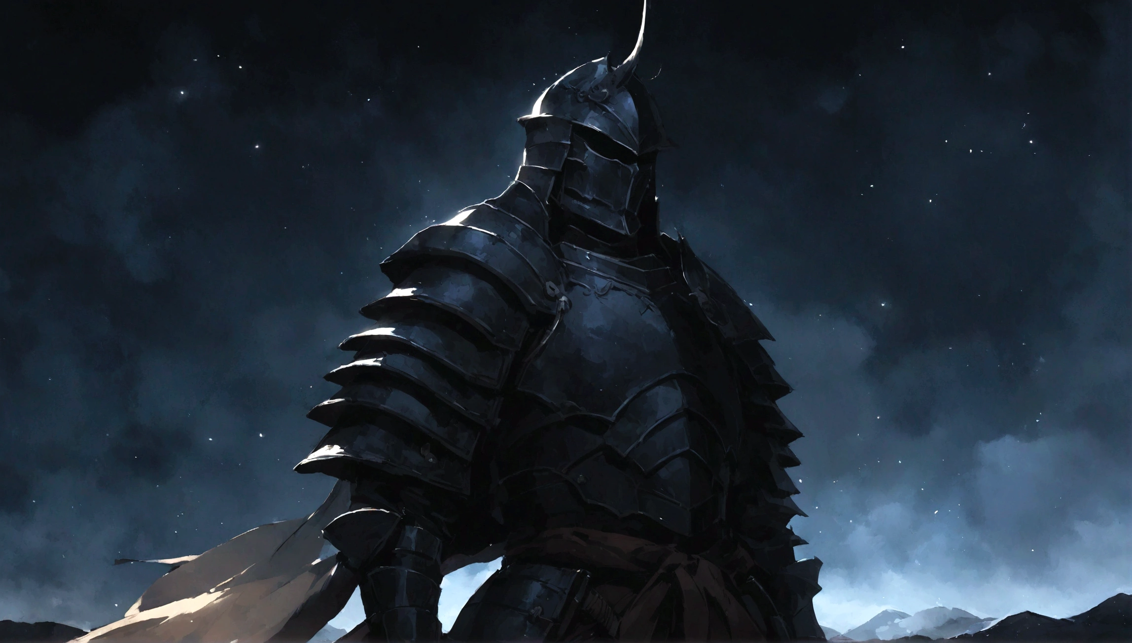 make a samurai alone fighting in all his life and looking depressed with cool armor looking at midnight sky