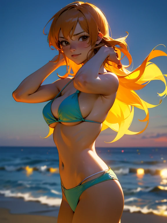 Nami from one piece. Very light orange and yellowish haired girl. Long hair. Beautiful brown eyes. Breasts. Blushing cheeks with a free hair. She should be smiling. She should be wearing a teal and white bikini top and jean pants. It should be night time at the beach with shooting stars in the sky. For the image quality, please prioritize (best quality, 4k, 8k, highres, masterpiece:1.2), ultra-detailed, and (realistic, photorealistic, photo-realistic:1.37) rendering. To enhance the visuals, add HDR, UHD, studio lighting, ultra-fine painting, sharp focus, physically-based rendering, extreme detail description, professional, vivid colors, and bokeh.