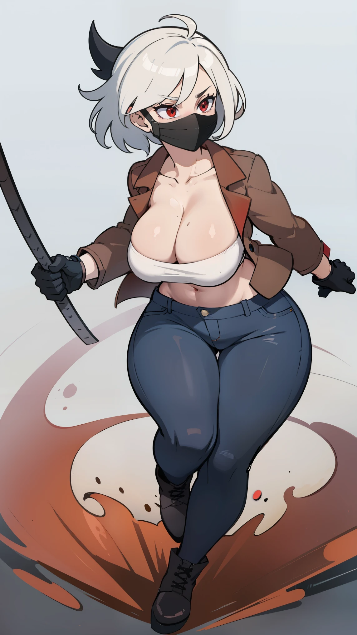 1girl, red eyes, short hair, white hair, pale skin, massive huge tits gray shirt brown jacket blue jeans combat boots black gloves ((hockey mask)) good hands 1k bloody body
