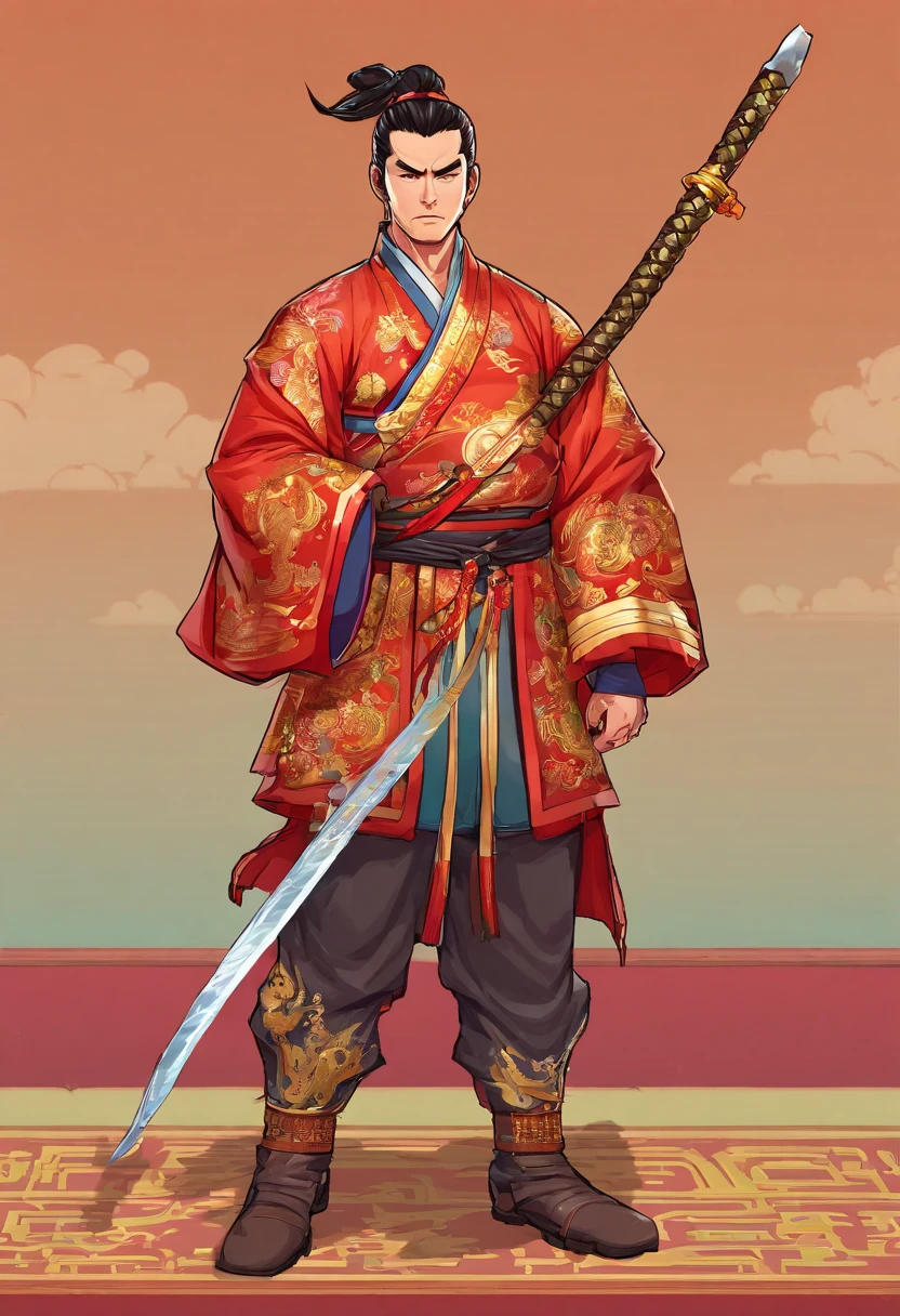 Ancient Chinese man in armor、Clever man、Looking into the camera、His hair is in a bun、Only one topknot、Black Hair、Stand and pose、Pixel art、(masterpiece, highest quality, highest quality), pixel,pixel art,whole body,Characters in Romance of the Three Kingdoms、Transform、Short Deformation、The head is decorated with white embroidery....、Handsome man in trousers