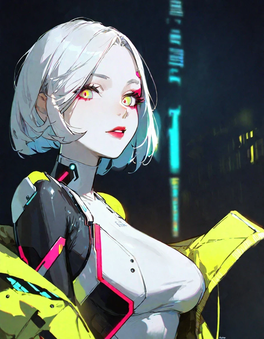 lucy (cyberpunk),1girl, bare shoulders, bodysuit, breasts, cyberpunk, cyborg, jacket, large breasts, leotard, looking at viewer, makeup, multicolored eyes, multicolored hair, open clothes, open jacket, pale skin, parted bangs, parted lips, red eyeliner, short hair, solo, upper body, white hair, dino \(dinoartforame\)