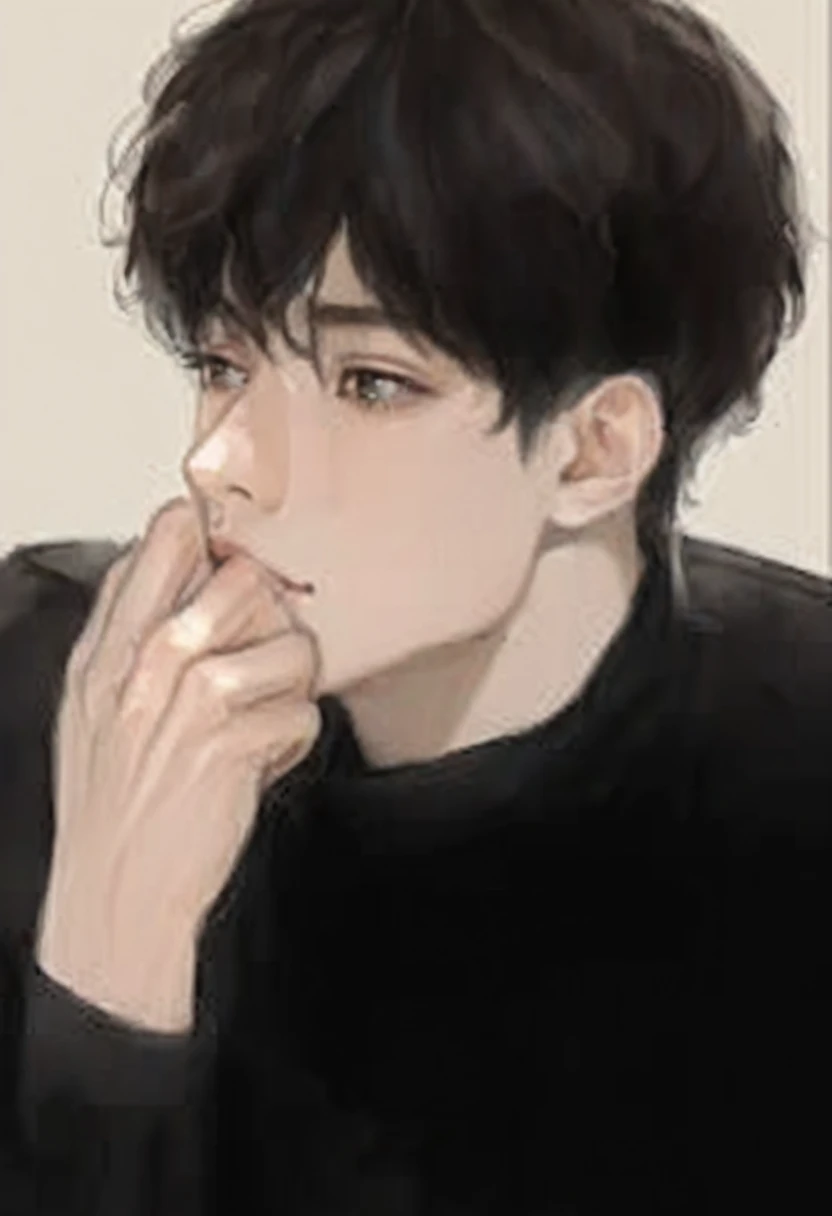 There's a man who's sitting with his hand on his chin, El chico tiene el pelo negro corto., inspired por Kun Can, estilo de realismo anime, inspirado en jeonseok lee, estilo anime masculino, Inspirado por Zhang Han, por Kun Can, pintar ulzzang, in bowater art style, inspirado en Kim Myeong-guk, chico anime