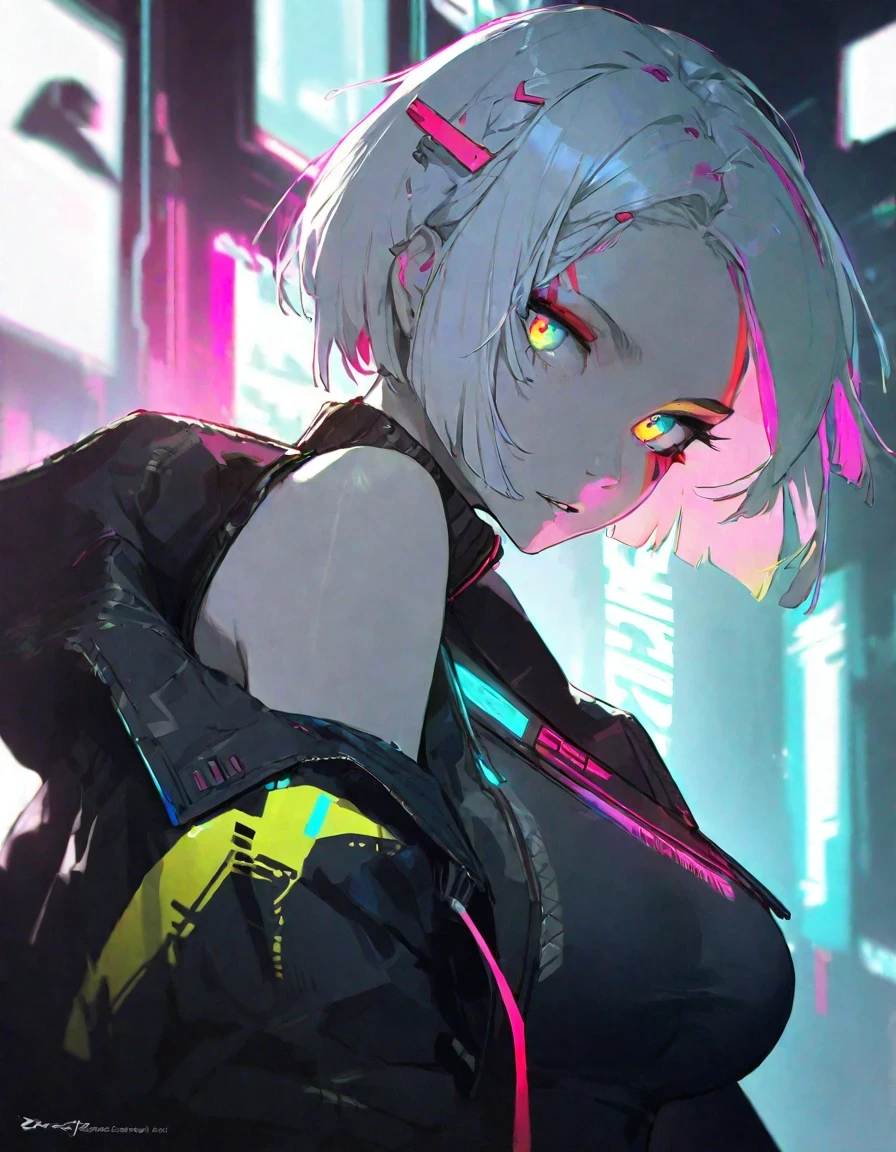 lucy (cyberpunk),1girl, bare shoulders, bodysuit, breasts, cyberpunk, cyborg, jacket, large breasts, leotard, looking at viewer, makeup, multicolored eyes, multicolored hair, open clothes, open jacket, pale skin, parted bangs, parted lips, red eyeliner, short hair, solo, upper body, white hair, dino \(dinoartforame\)