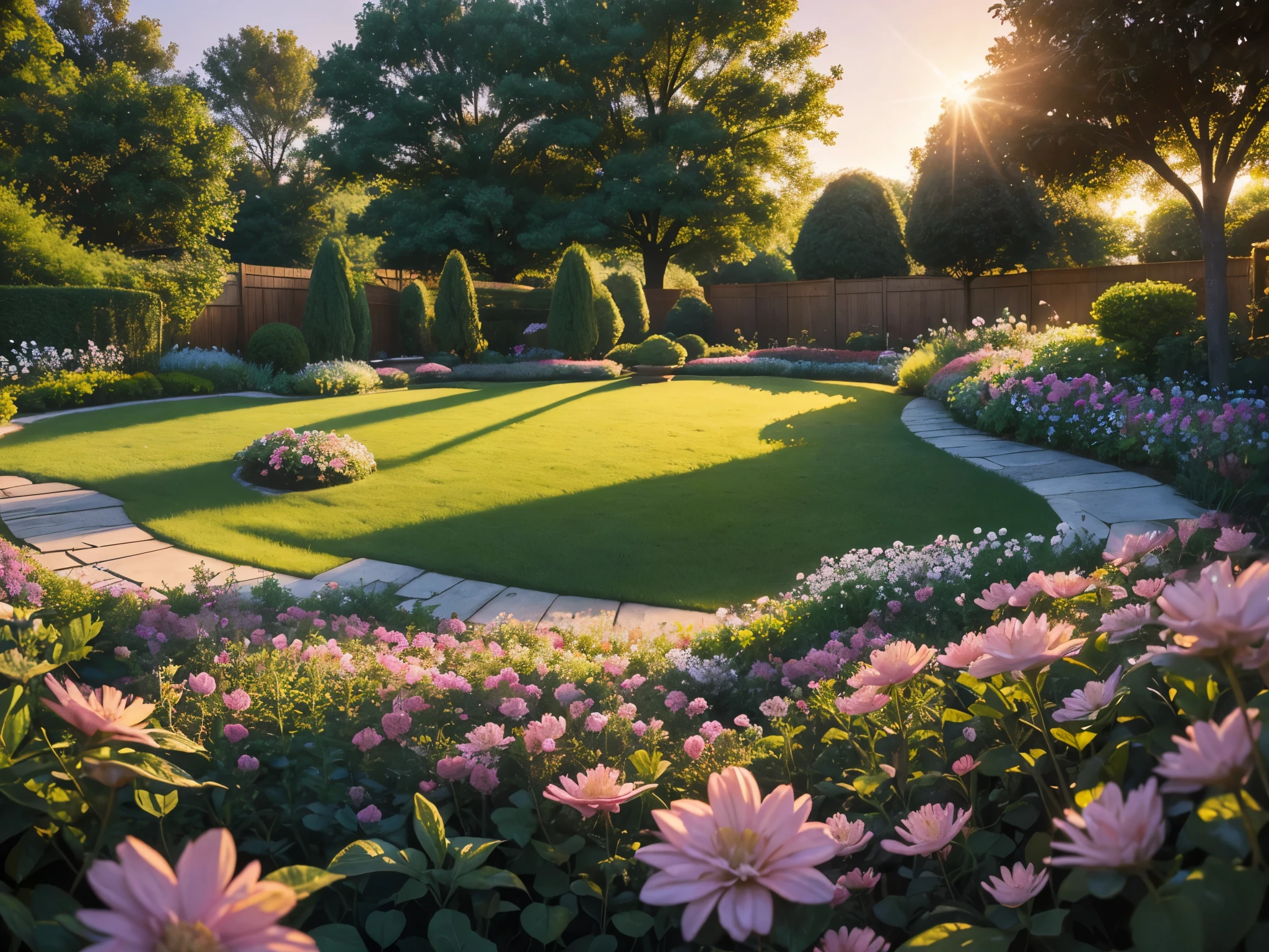 A peaceful view of the garden at sunrise, with dew-covered flowers and the soft glow of the morning light.,original,Like your grandma, female