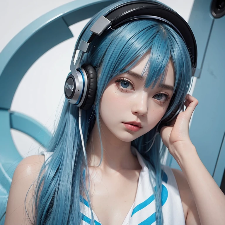 Girl with Blue hair wearing big headphones in Orange and White Pastel Dreamlike Whimsy Cool Futuristic Minimalism, Waifu Style