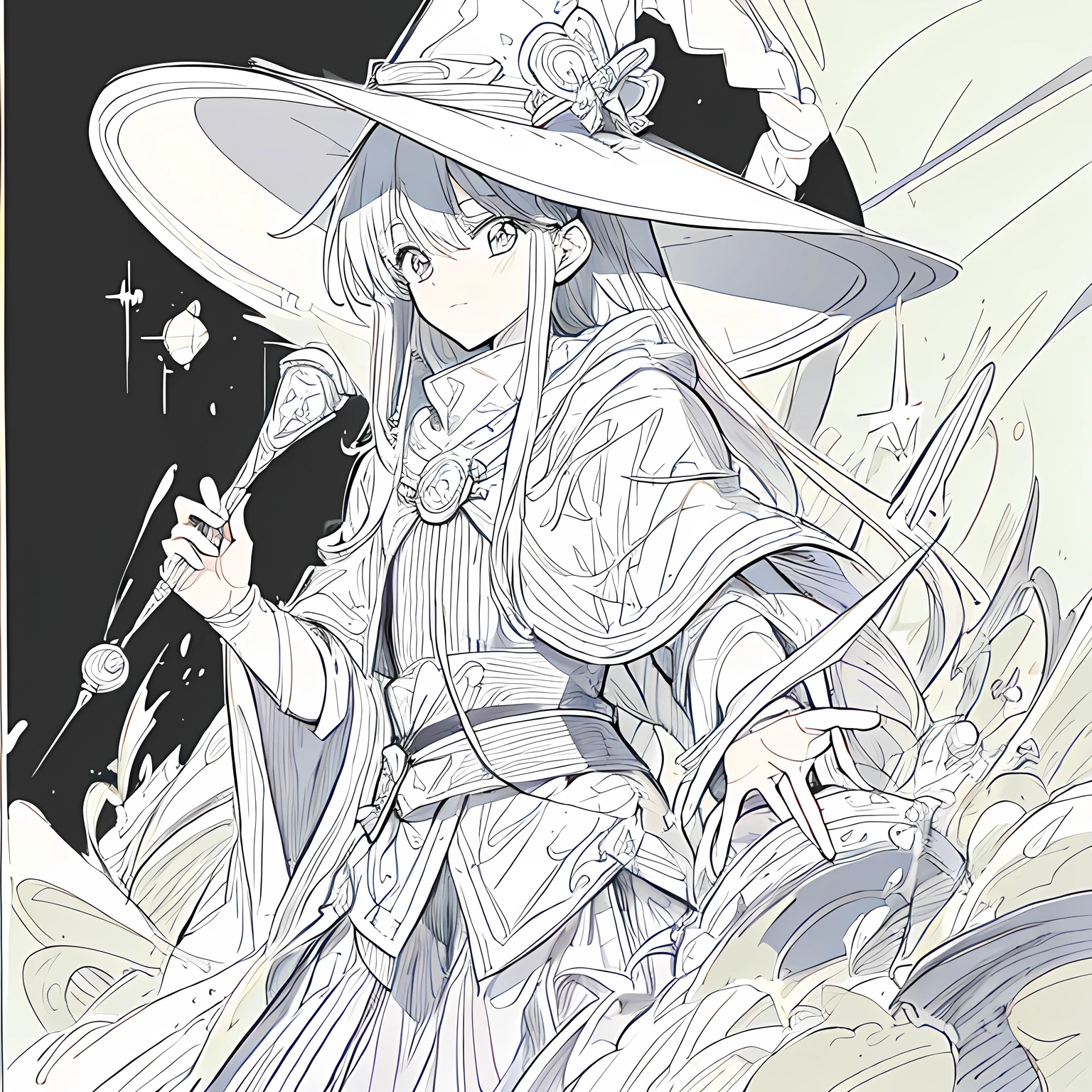 Line art background, background, Monochrome, Line art, ((sketch)),Highest quality,masterpiece,monochrome,Lineart,single color,Create a detailed coloring page,Wizard,,A powerful wizard casting a spell,A wizard wearing a wizard's hat,Witch Hat