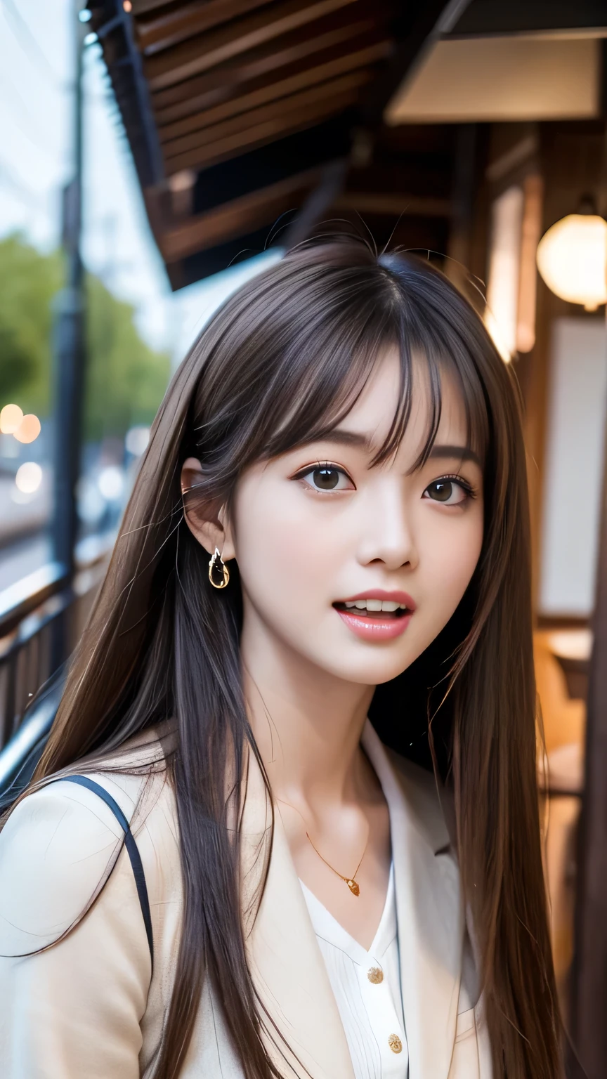 8k、highest quality、Like a real photo、masterpiece、Product quality, One Girl,, Young and beautiful woman in Japan, Long Bob Hair, attractive appearance,, High resolution, High detail, Detailed hairstyle, Detailed face, Great cinema lighting, Octane Rendering, Vibrant, Ultra-realistic, Perfect limbs, Perfect Anatomy、17 years old、her hair is light brown.、Cool clothes、In the background is a cafe terrace、Natural color lip、Attractive eyes、Eye color is blue、the ears are hidden by the hair、Double teeth、Yawn