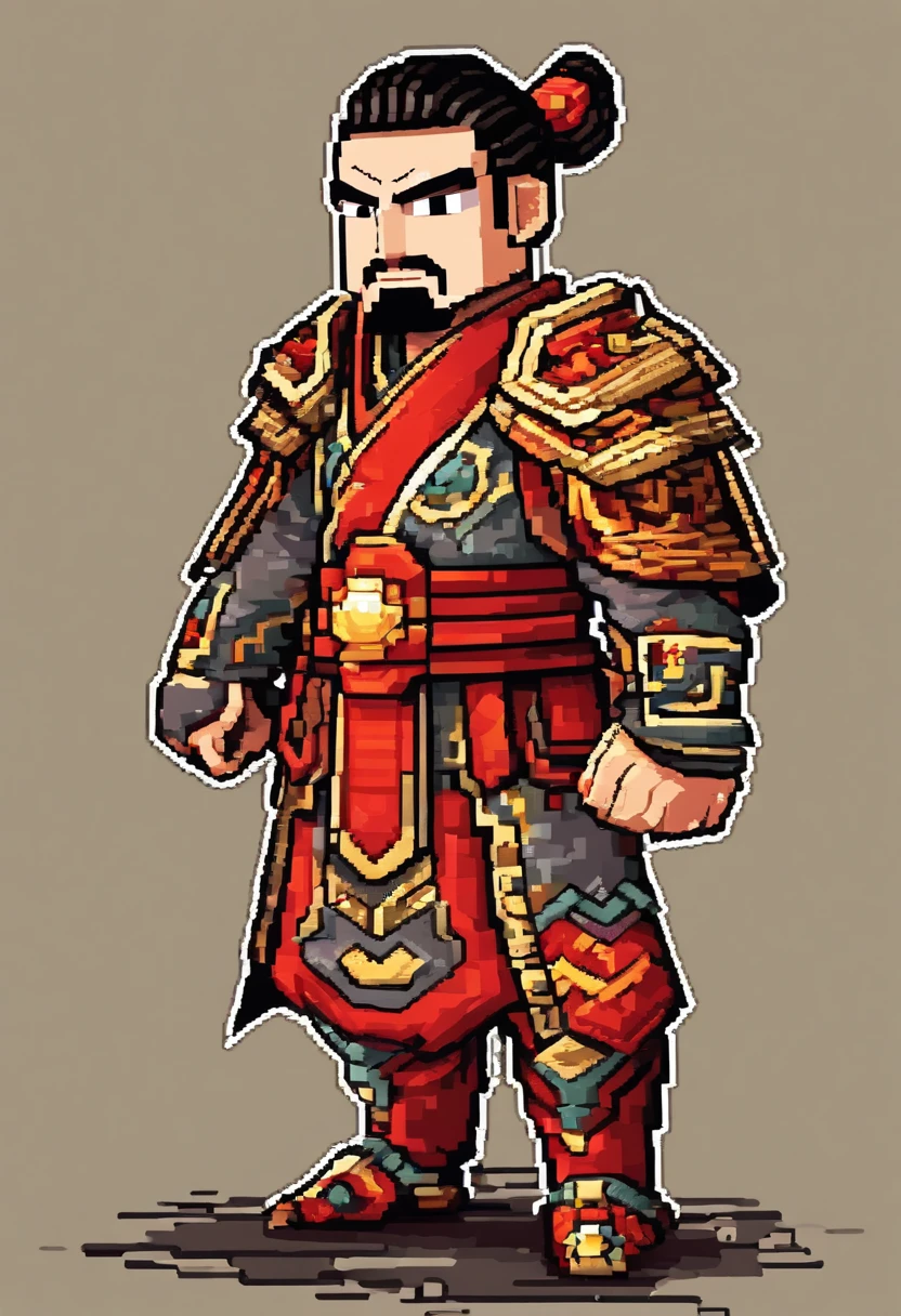 Ancient Chinese man in armor、Clever man、Looking into the camera、His hair is in a bun、Only one topknot、Black Hair、Stand and pose、Pixel art、(masterpiece, highest quality, highest quality), pixel,pixel art,whole body,Characters in Romance of the Three Kingdoms、Transform、Short Deformation、The head is decorated with white embroidery....、Handsome man in trousers