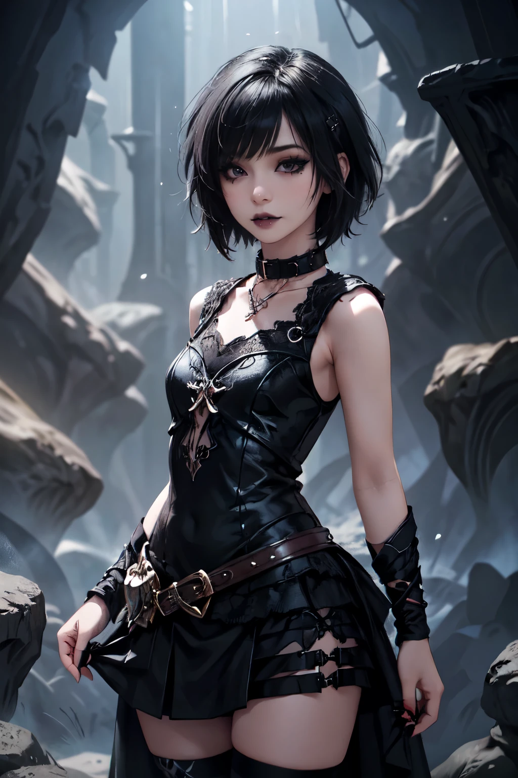 1girl, woman, emo_hairstyle, black lipstick, dog collar, eyeliner, eye shadow, smoky eyes, realistic lighting, short hair, fantasy clothes, skirt, tight fantasy dress, beautiful dress, high fantasy, standing up, sleeveless.