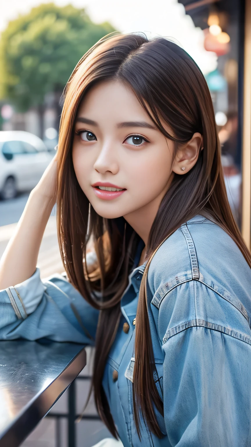 8k、highest quality、Like a real photo、masterpiece、Product quality, One Girl,, Young and beautiful woman in Japan, Long Bob Hair, attractive appearance,, High resolution, High detail, Detailed hairstyle, Detailed face, Great cinema lighting, Octane Rendering, Vibrant, Ultra-realistic, Perfect limbs, Perfect Anatomy、17 years old、her hair is light brown.、Cool clothes、In the background is a cafe terrace、Natural color lip、Attractive eyes、Eye color is blue、the ears are hidden by the hair、Double teeth、Yawn