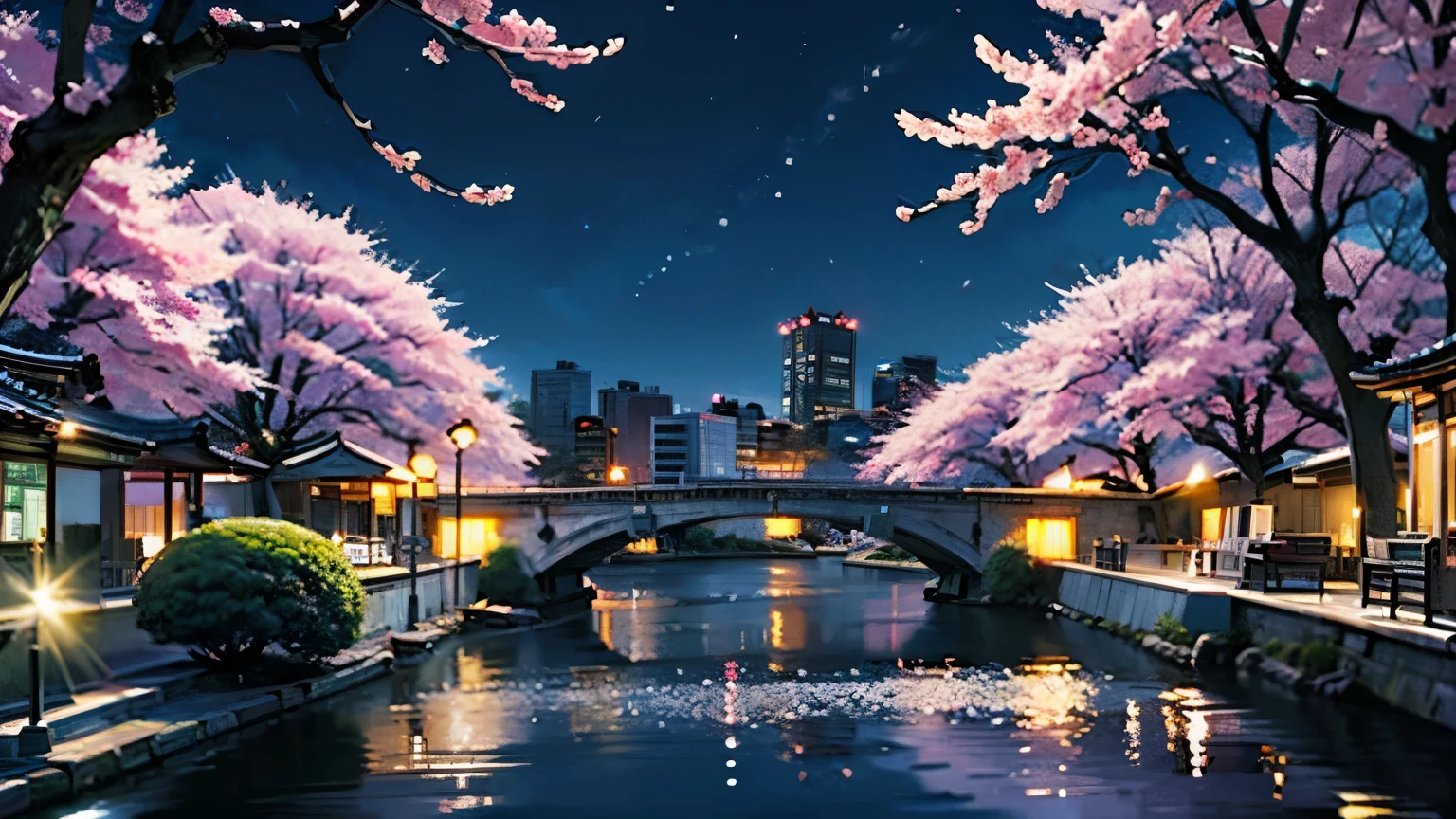 (masterpiece),(highest quality)、Night Sky、In the city with lots of cherry blossom trees、Tokyo、landscape