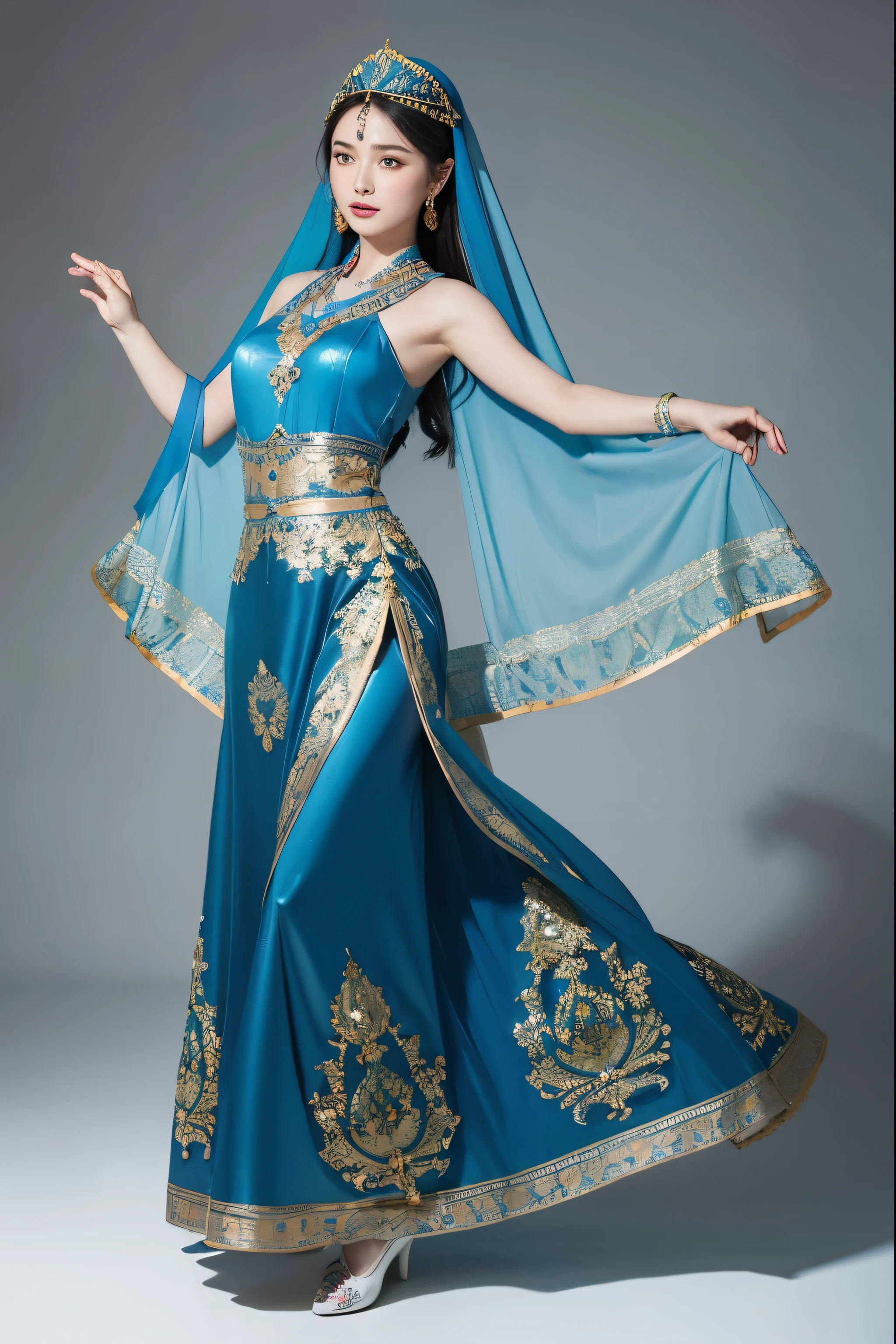 Central Asia, European face, dancing, silk, Kazakhstan, mysterious, enchanting dance, graceful dance, Xinjiang, Uyghur beauty, exotic, HD pictures, long dress, skirt color blue, Uyghur ornate dress, clothes with ethnic patterns, full body portrait, Uyghur ornate headdress, face with veil, face delicate, white background,