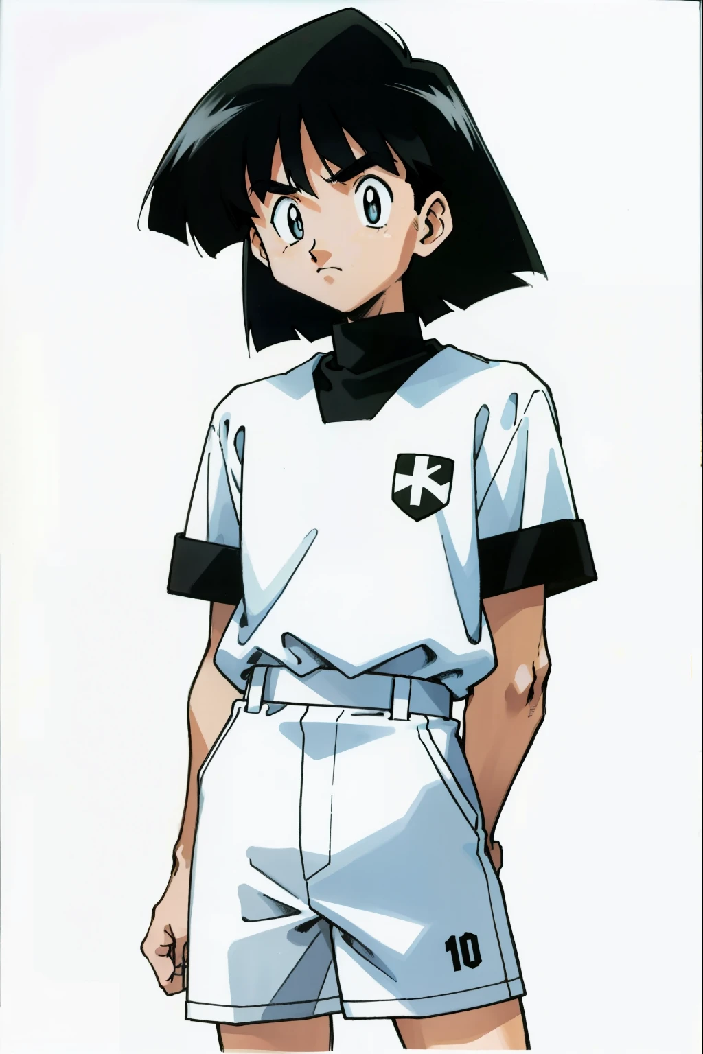 by Ken Sugimori, sugimori 1990s, ((only 1man)), black and white uniform, sports referee ((hands behind their back)), full black pupils, manga, best quality, highly detailed, clean lines, cowboy shot, good hands, good eyes, hd, 8k, professional, symmetrical, hires, 8k,