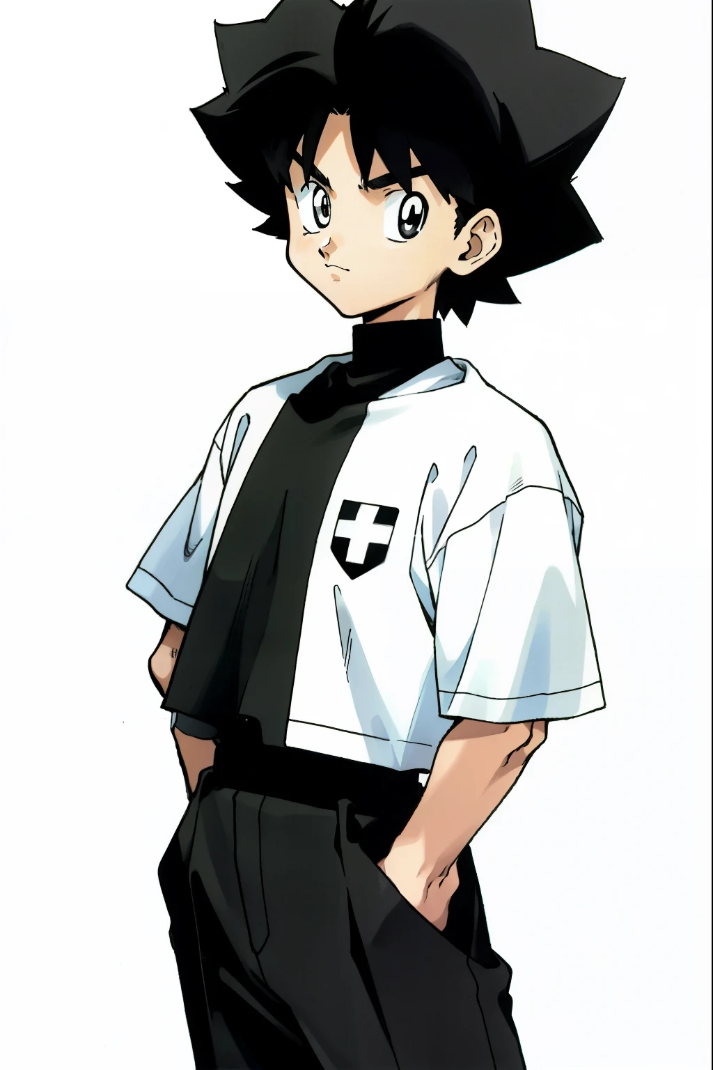 by Ken Sugimori, sugimori 1990s, ((only 1man)), black and white uniform, sports referee ((hands behind their back)), full black pupils, manga, best quality, highly detailed, clean lines, cowboy shot, good hands, good eyes, hd, 8k, professional, symmetrical, hires, 8k,