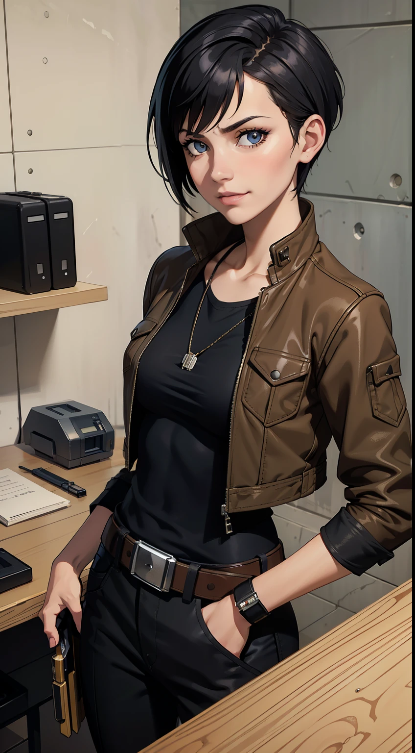 (high-quality, breathtaking),(expressive eyes, perfect face) Symmetrical Eyes, portrait, Star Wars Universe, 1girl, female, adult, mechanic, punk jacket, shirt, short sleeved, gloves, pants, belt, wrench, crystals, messy hair, black hair color, brown eye color, short hair length, stylized hairstyle, pixie haircut, tall, technician outfit, engineer, workshop background, work bench, tools, mature, narrow eyes, dog tag necklaces, slight smirk
