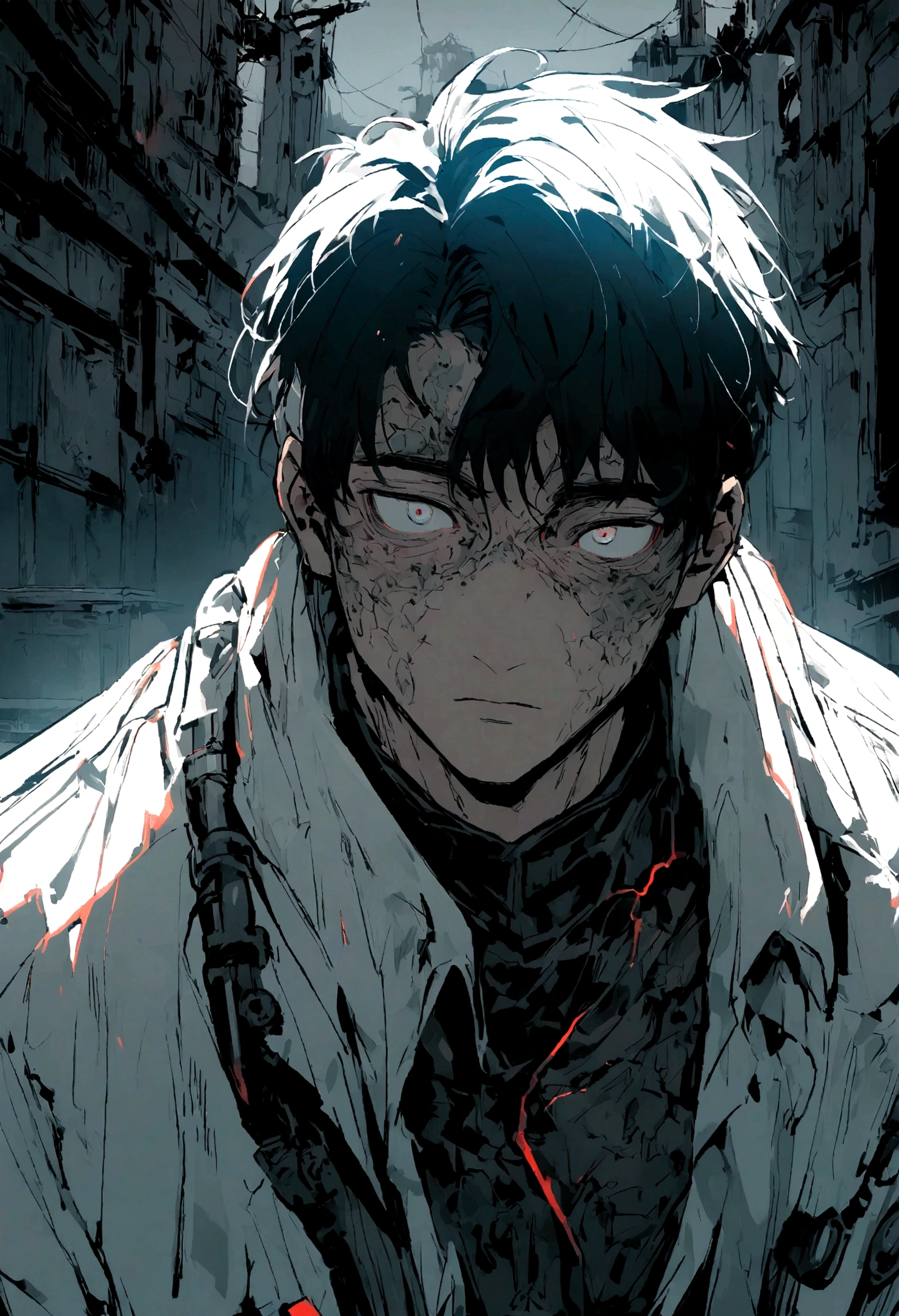 scientist man with Asian features, 25 years old, white coat and deep dark circles post apocalyptic scenario
