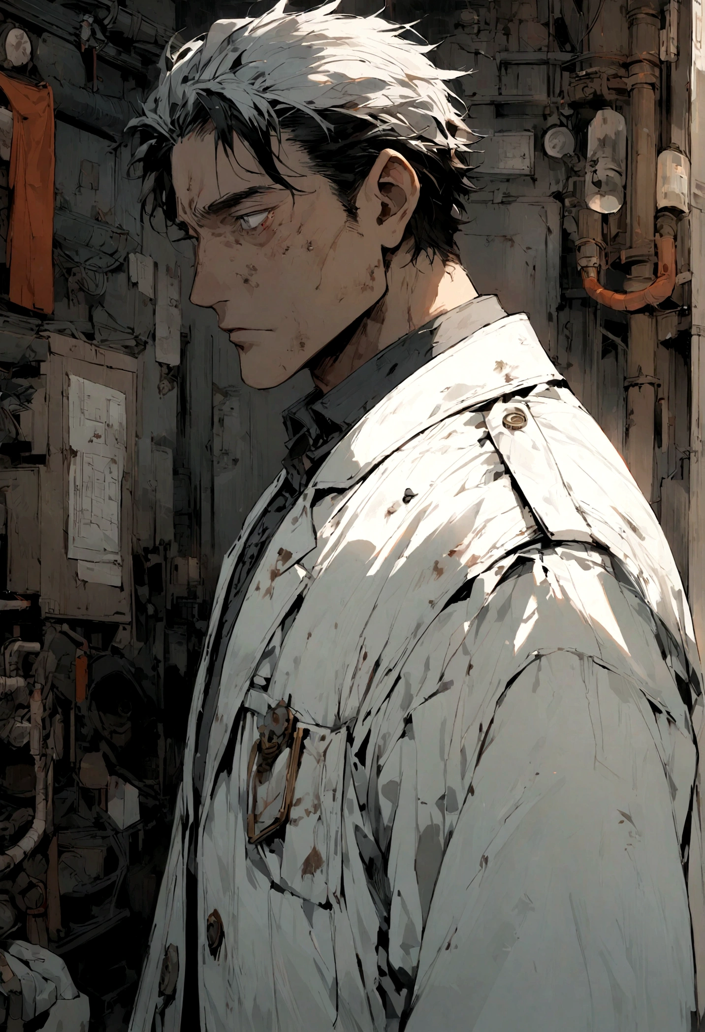 scientist man with Asian features, 25 years old, white coat and deep dark circles post apocalyptic scenario