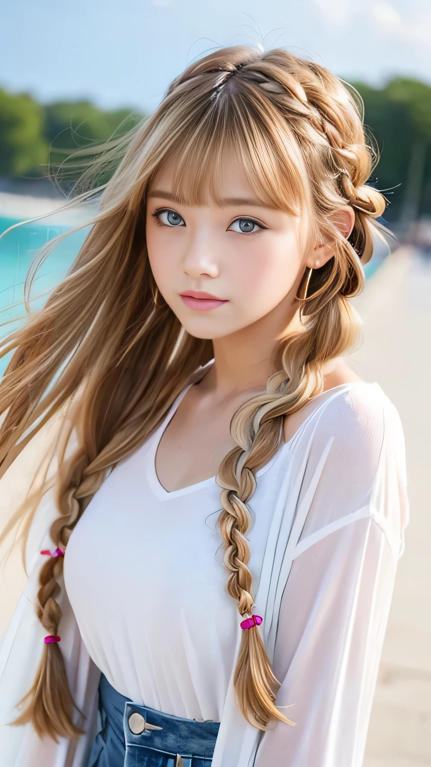 Sexy Big 、Sexy cute looks and cute beautiful girl, beautiful and sexy face、A strong wind blows my hair in front of my face、beautiful long blonde French braided hair、beautiful, Cute and sexy eyes hidden behind long bangs