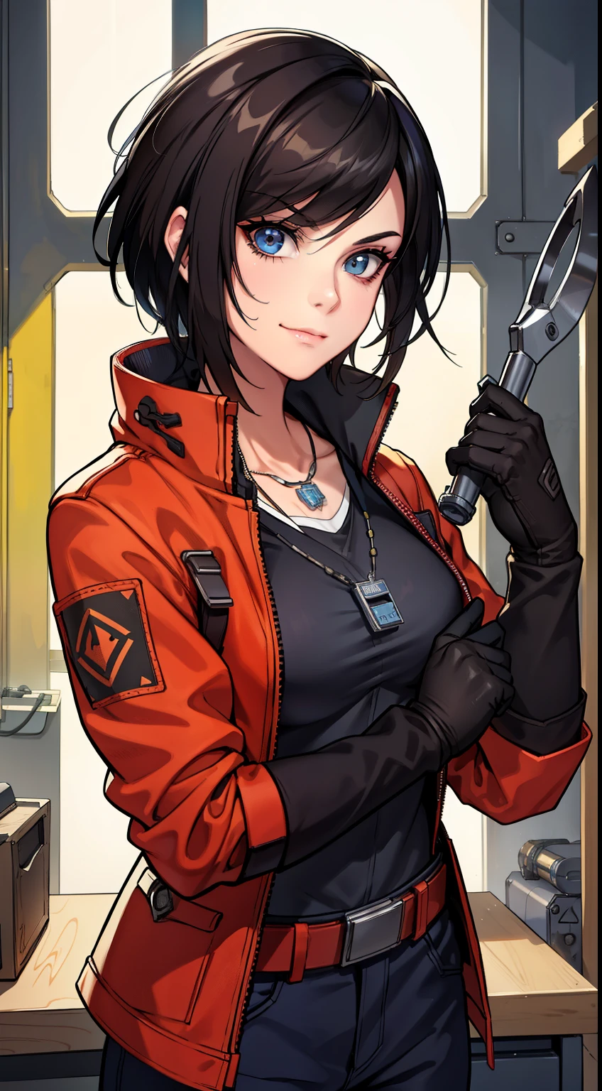 (high-quality, breathtaking),(expressive eyes, perfect face) Symmetrical Eyes, portrait, Star Wars Universe, 1girl, female, adult, mechanic, punk jacket, shirt, short sleeved, gloves, pants, belt, wrench, crystals, messy hair, black hair color, brown eye color, short hair length, stylized hairstyle, pixie haircut, tall, technician outfit, engineer, workshop background, work bench, tools, mature, narrow eyes, dog tag necklaces, slight smirk
