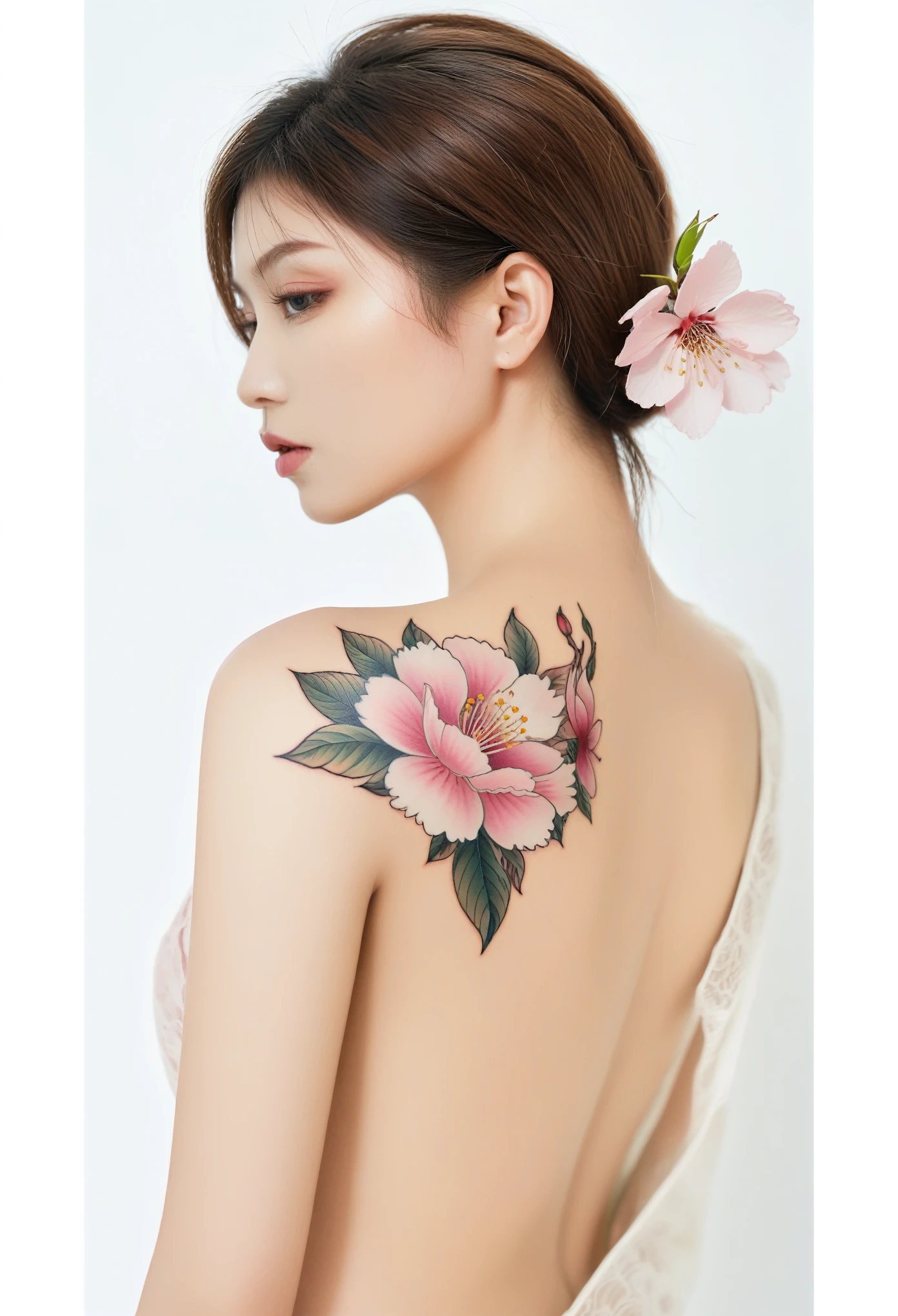 (full upper body:2.5),(white background:1.8),(from behind:1.4),masterpiece,8k,best quality,a woman with a flower tattoo on her shoulder,floral tattoos,upper upper body,ornate flower design,stylized geometric flowers,tattoo on shoulder,shoulder tattoo,oriental tattoos,tattoo art,nature illustration tattoo,detailed flowers,tattoo style,line drawing tattoos,temporary tattoo,tatto,detailed realistic beautiful,cherry blossom background,with colored flowers,traditional tattoo,of taiwanese girl with tattoos,smooth skin,film grain,