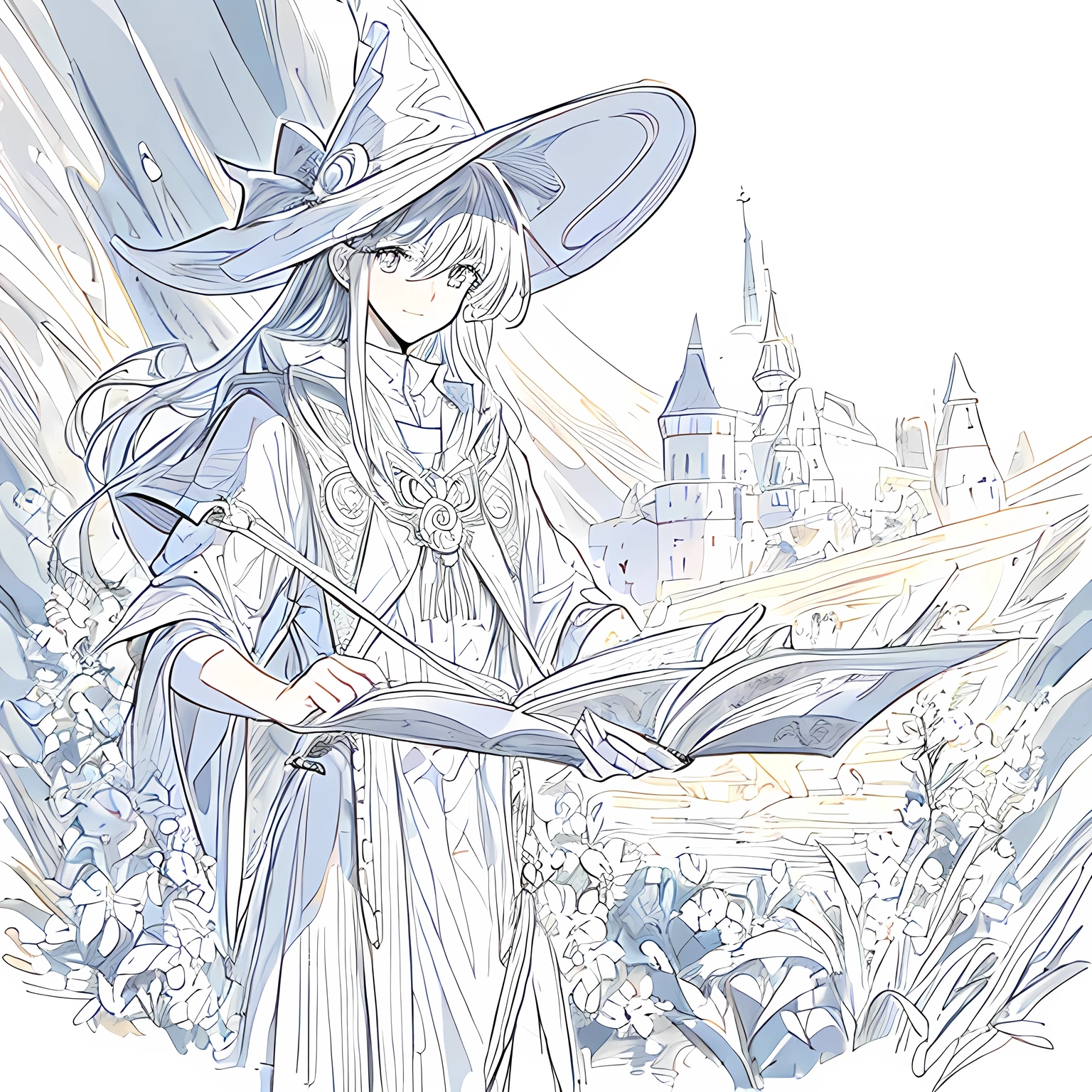 Line art background, background, Monochrome, Line art, ((sketch)),Highest quality,masterpiece,monochrome,Lineart,single color,Create a detailed coloring page,Wizard,,A powerful wizard casting a spell,A wizard wearing a wizard's hat,Witch Hat