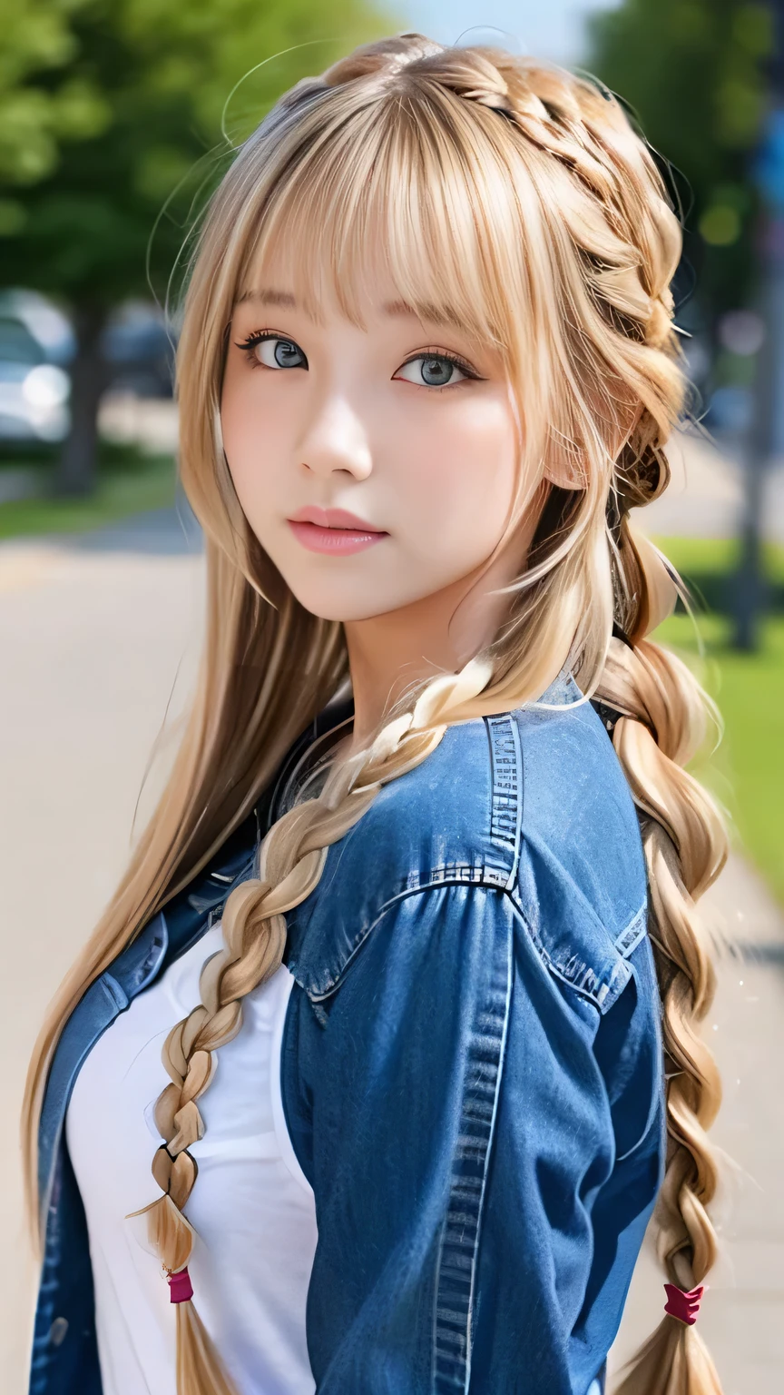 Sexy Big 、Sexy cute looks and cute 15 year old beautiful girl, beautiful and sexy face、A strong wind blows my hair in front of my face、beautiful long blonde French braided hair、beautiful, Cute and sexy eyes hidden behind long bangs