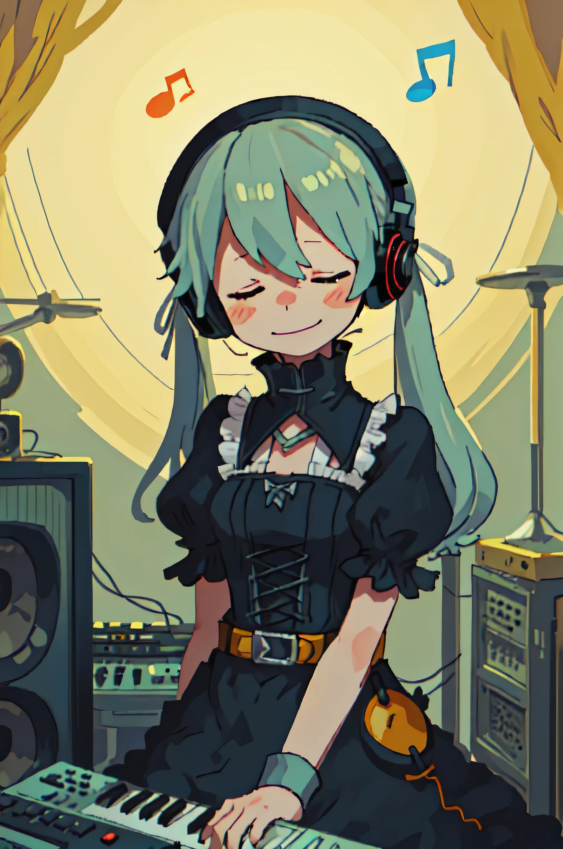 vocaloid, (hatsune miku, aqua hair, very long hair, twintails, aqua nails, aqua necktie:1.2),

(grant wood, american gothic:1.2),
1girl, solo, (portrait), smile, closed mouth, (closed eyes), lips, (spoken musical note),
(final fantasy tactics:1.2),

(recording studio interior:1.2), headphones, (lanyard), technology, frutiger aero, (korg, korg triton, daw, korg m1, yamaha dx7, synthesizer, digital audio, wave format audio, riff, graphic equalizer, piano roll, dtm, top 10 free vst plugins download now:1.2), loaded interior, (indoors:1.1), gramophone,
cymbals, drum kit, microphone stand, music stand, classical music, interior of an amphitheatre, (speaker system, subwoofer),
(mainframe computer, computer rack, synthesizer rack, computer shelf, modular synthesizer, moog, buchla, serge),

black clothes, babydoll, lingerie, lace trim, lace, buttons, collared dress, (whalebone corset), victorian era clothing, contemporary clothing, gothic, (negative space:1.15), garter belt, garter straps, belt buckle, belt,

(hair ribbon, white ribbon:1.2), (lamp, overhead light, light bulb, ornament),

(blush stickers, blush),

(cozy:1.2),

(arabian ink, paper marbling:1.1),

(surreal, abstract, vincent van gogh:1.2), (complimentary colors),

(by Jeremy Lipking:0.8), (by Antonio J Manzanedo:0.7), (by Paul Lehr:1.1)