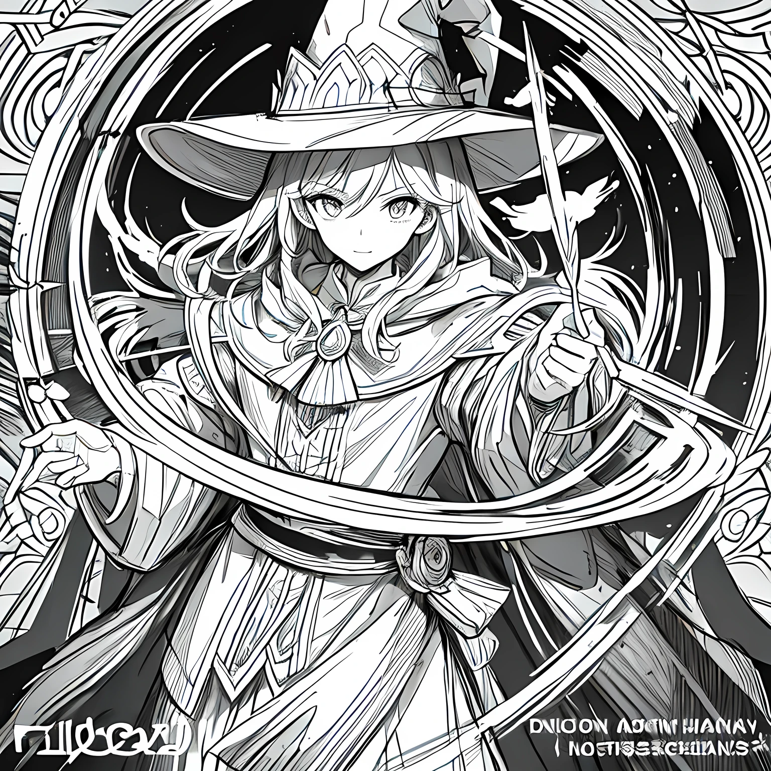 Line art background, background, Monochrome, Line art, ((sketch)),Highest quality,masterpiece,monochrome,Lineart,single color,Create a detailed coloring page,Wizard,,A powerful wizard casting a spell,A wizard wearing a wizard's hat,Witch Hat