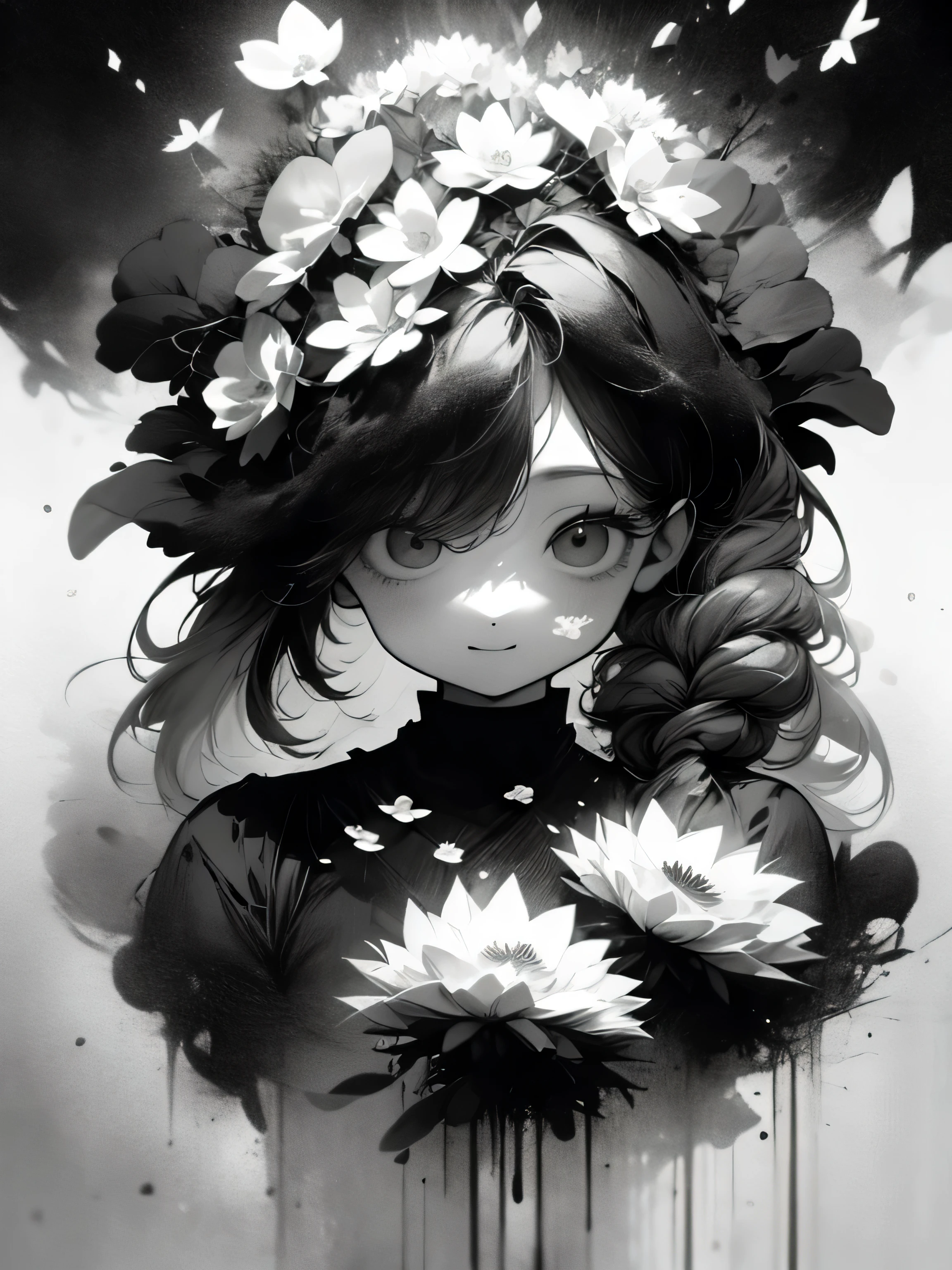 solo,1female\(chibi,cute,kawaii,age of 18,hair color white,braid hair,messy hair,eye color gray,big eyes,white skin,(monochrome:1.2),narrow eyes,smiling vely kindly at viewer,portrait\),background\((many beautiful flowers and petal:1.4)\),double exposure, BREAK ,quality\(8k,wallpaper of extremely detailed CG unit, masterpiece,high resolution,top-quality,top-quality real texture skin,hyper realisitic,increase the resolution,RAW photos,best qualtiy,highly detailed,the wallpaper\),(high contrast:1.4),(grayscale:1.6),monochrome