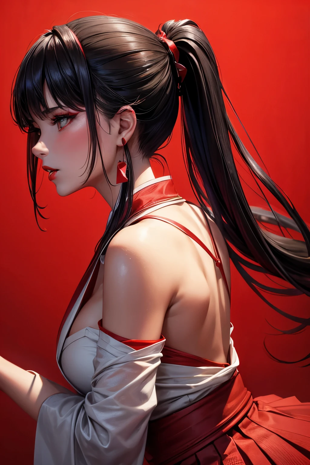 depth of field, cinematic lighting, masterpiece, accurate, textured skin, high details, high quality, woman, 30-years, ponytail, red skirt, red lips, japanese makeup, seductive, passionate, from behind, gradiente green background