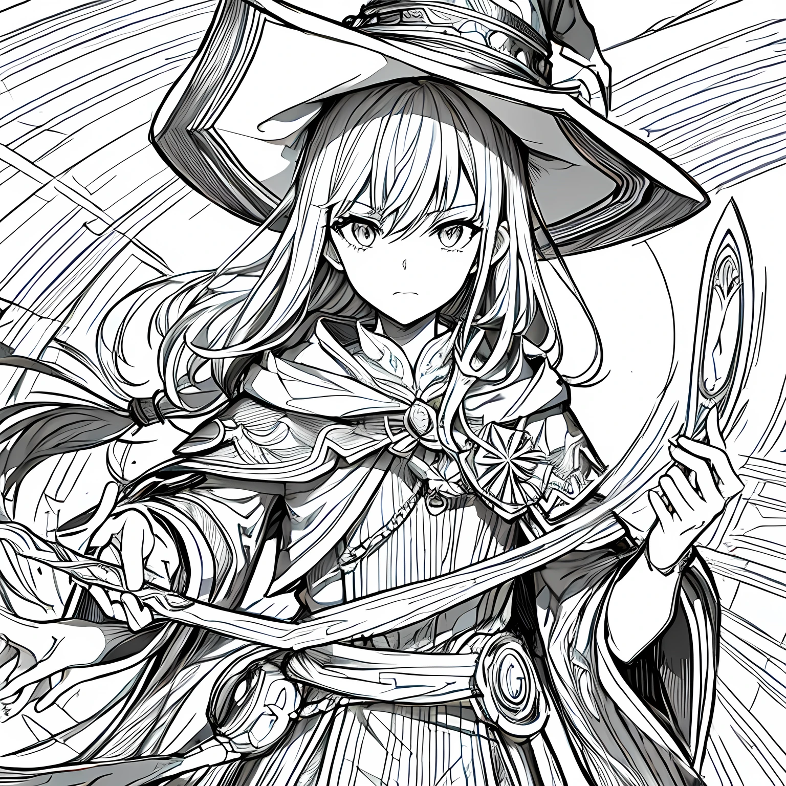 Line art background, background, Monochrome, Line art, ((sketch)),Highest quality,masterpiece,monochrome,Lineart,single color,Create a detailed coloring page,Wizard,,A powerful wizard casting a spell,A wizard wearing a wizard's hat,Witch Hat