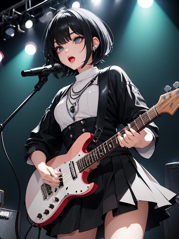 1 Female、Rock vocalist female、Black Hair、Short Hair、round face、Thin eyebrows、Sparkling eyes、Moist lips、natural allure makeup, slight punkish stage attire, damage skirt with diagonal rim ,white cut sewn, glossy skull ornament , electric guitar, mic stand, opened mouth, sing out loud , sweat, on the stage, stunning spotlight