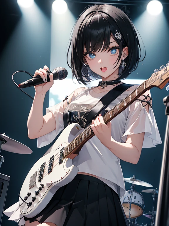 1 Female、Rock vocalist female、Black Hair、Short Hair、round face、Thin eyebrows、Sparkling eyes、Moist lips、natural allure makeup, slight punkish stage attire, damage skirt with diagonal rim ,white  cut sewn, glossy skull ornament , electric guitar, mic stand, opened mouth, sing out loud , sweat, on the stage, stunning spotlight