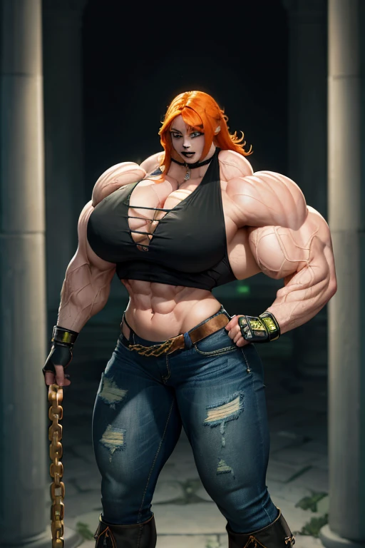 ((((Massive, beautiful, pale white skinned, buff, muscular woman with orange hair, black lipstick, glowing green eyes, ginormous bulky muscles and wearing a black halter top with denim pants)))), (close view), massive muscles, massive biceps, hyper muscle shoulders, vascular shoulders, hyper muscle triceps, (long shaggy hair), green glowing eyes, gauntlets, denim pants, chain belt, choker, high heel boots, in a moonlit field, fingerless gloves, closed smile, night, hyper vascular arm, hyper muscles arms, hyper muscle legs, massive arms.