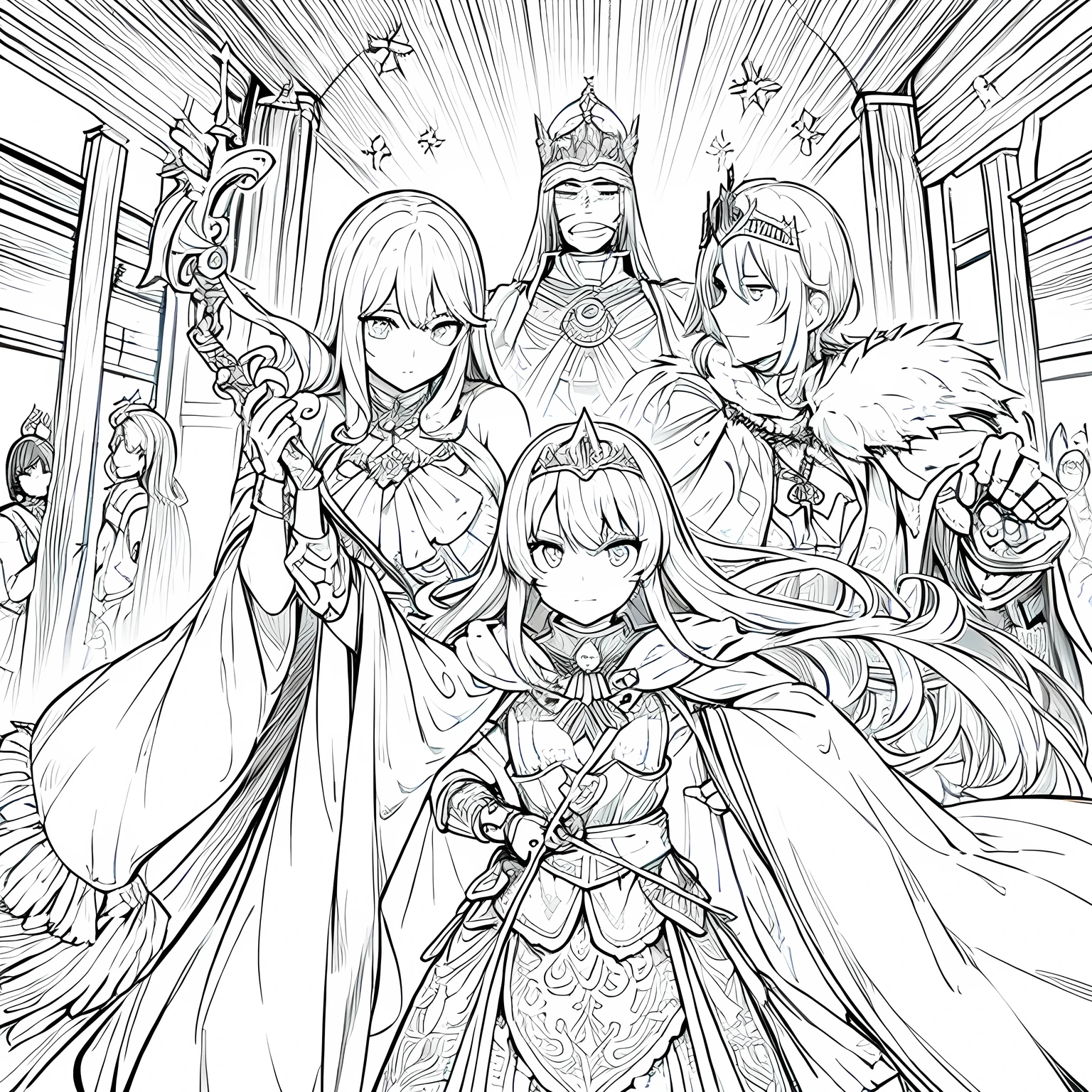 Monochrome,Lineart,Dark outlines,Black and white only,Clear background,Beautiful and elegant armor、Plate Armor、Chainmail、Cape、Cape、Small Crown、tiara、Amulet、pendant、bracelet、ring、A large legendary sword engraved with magical powers and symbols.、Powerful Shield、courage、Decisiveness、leadership、Responsibility、Feeling for friends、Dedication、sincerity、Justice、Excellent swordsmanship、High protection、magic、Big eyes、Long Hair、Elegant style、Beauty and charm